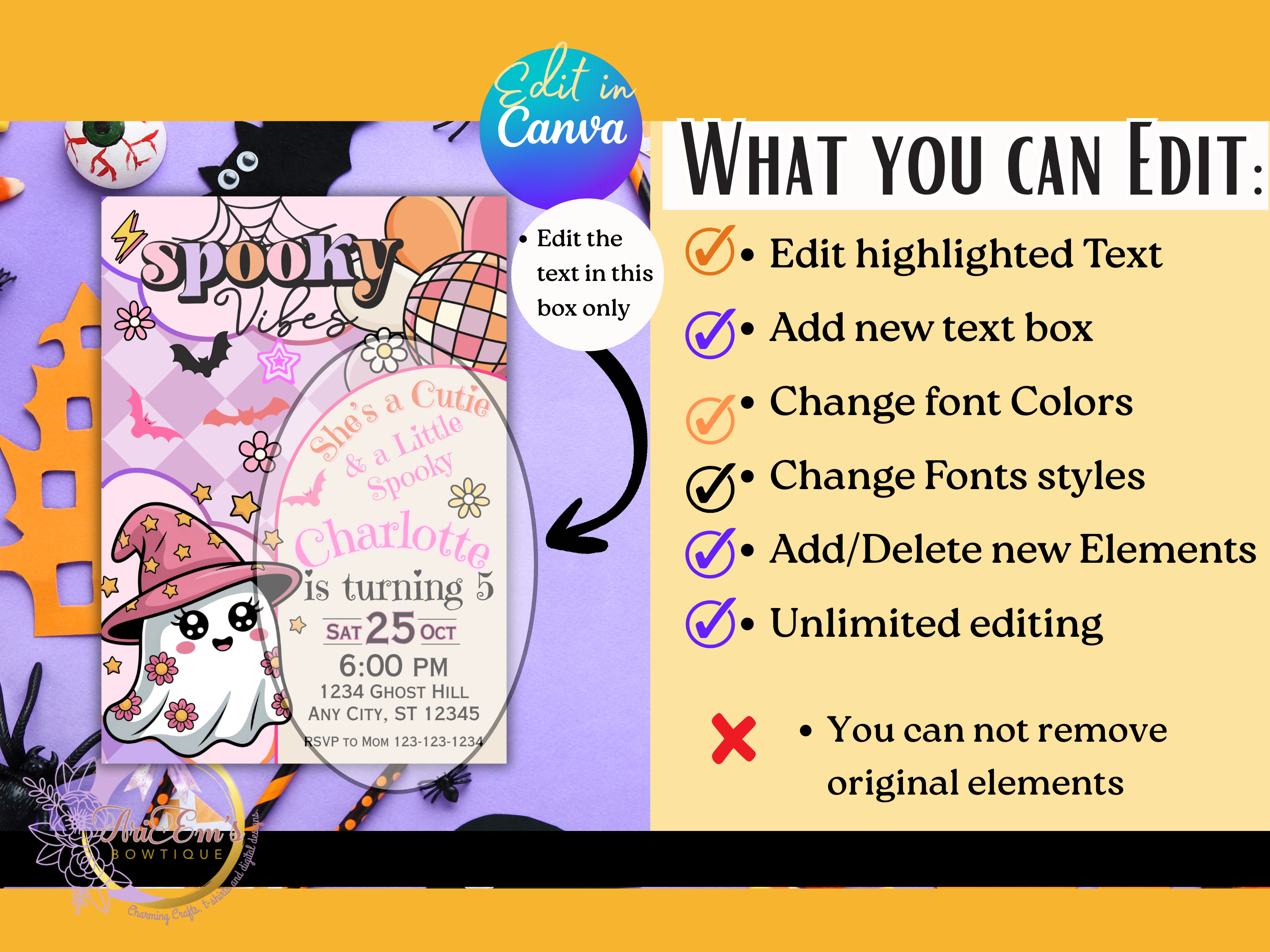 Editable Halloween Ghost Invitation, Girl Spooky Vibes Canva Template, Retro Rainbow Ghost Birthday Party Invite for Kids & Teens- Bonus Gift Tag