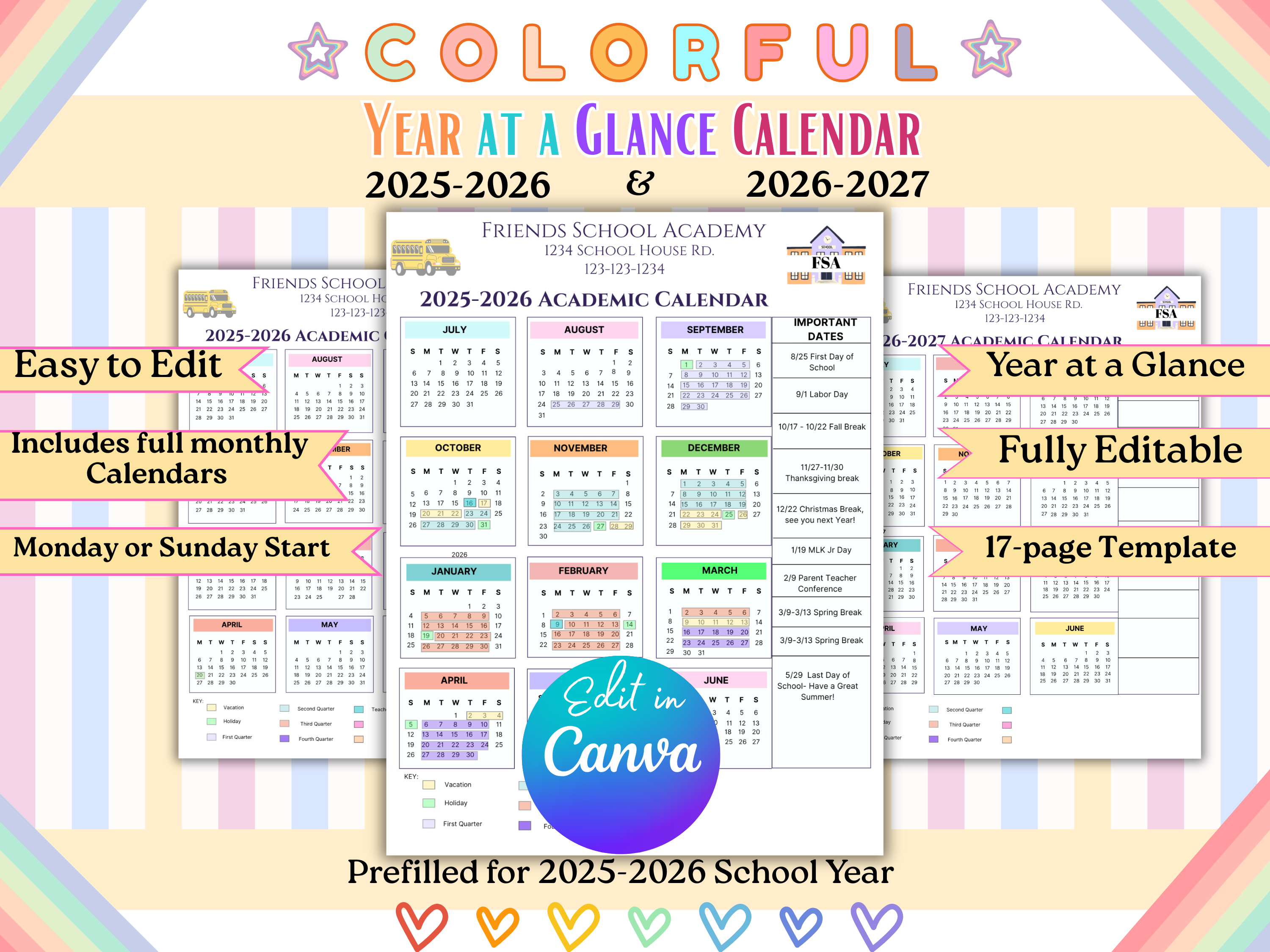 Editable School Academic Yearly Calendar 2025–2026 2026–2027 Template Year-at-a-Glance Monthly Planner for Teachers, Homeschool Moms Coaches
