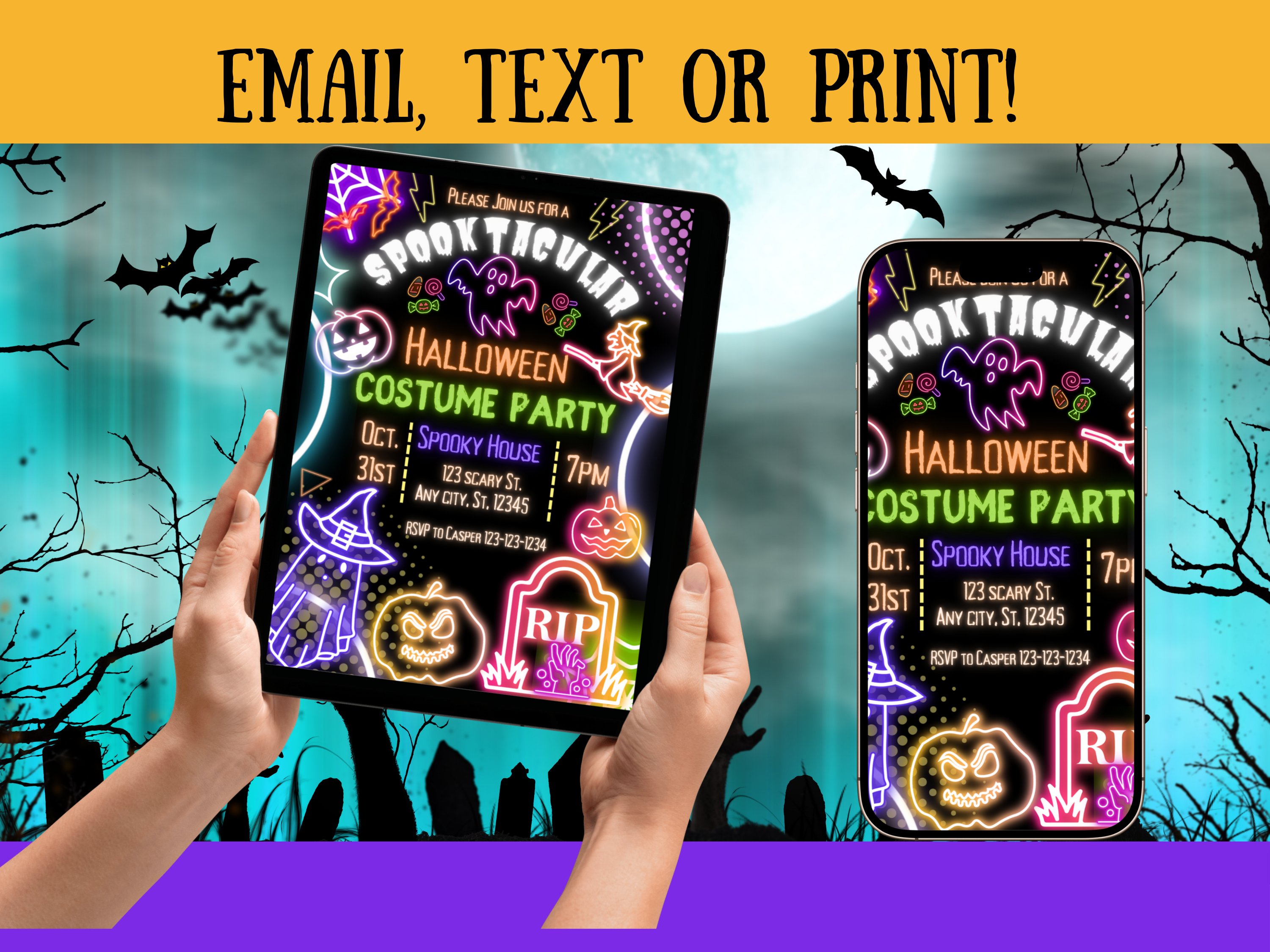 Neon Halloween Party Invitation | Spooky Bright Fun Canva Template | Editable Digital Download for Kids & Adult Halloween Bash