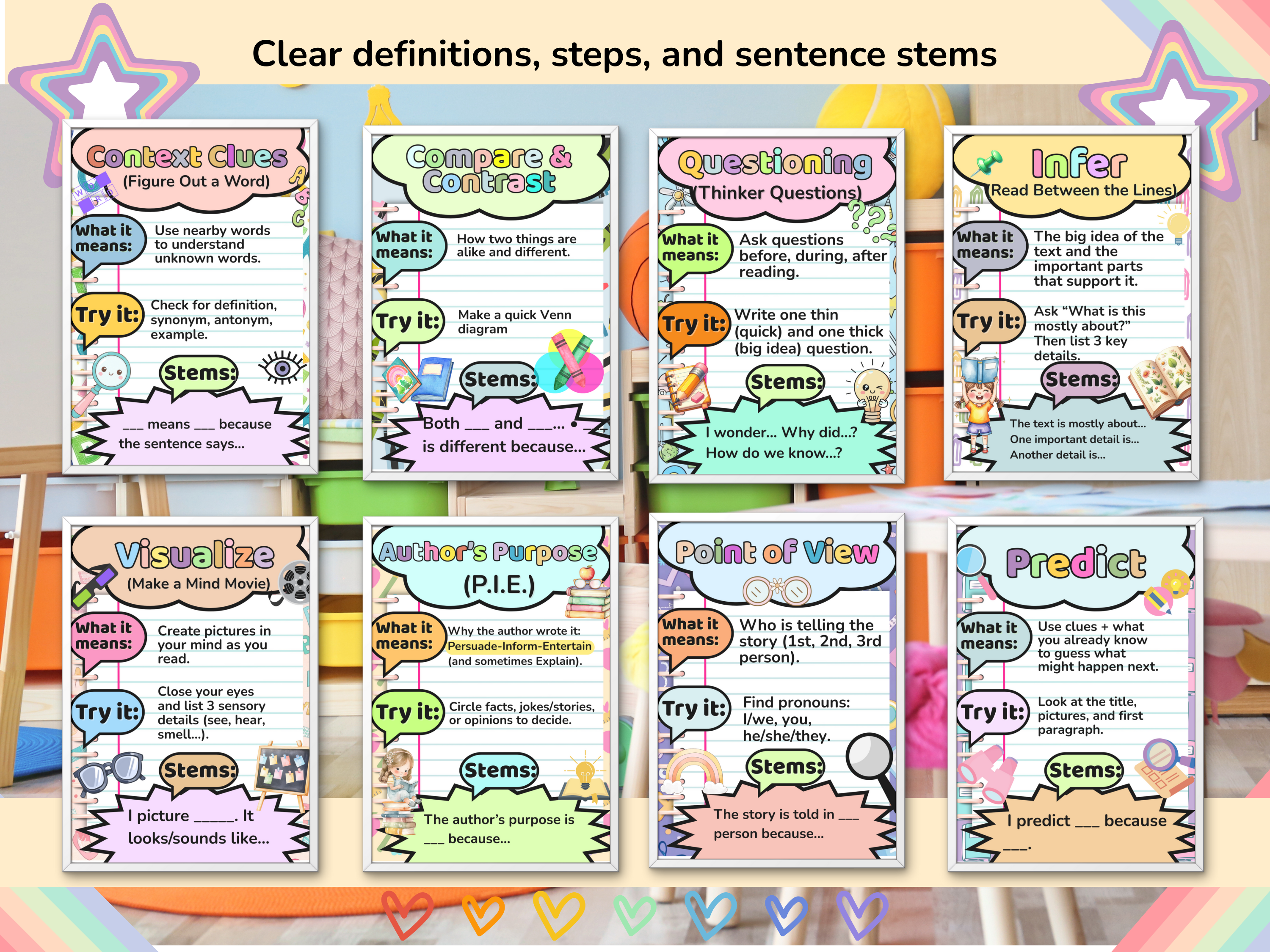Editable Reading Comprehension Posters for Kids Teachers | Classroom Literacy Decor | 16 Skills Anchor Charts for Bulletin Boards Homeschool