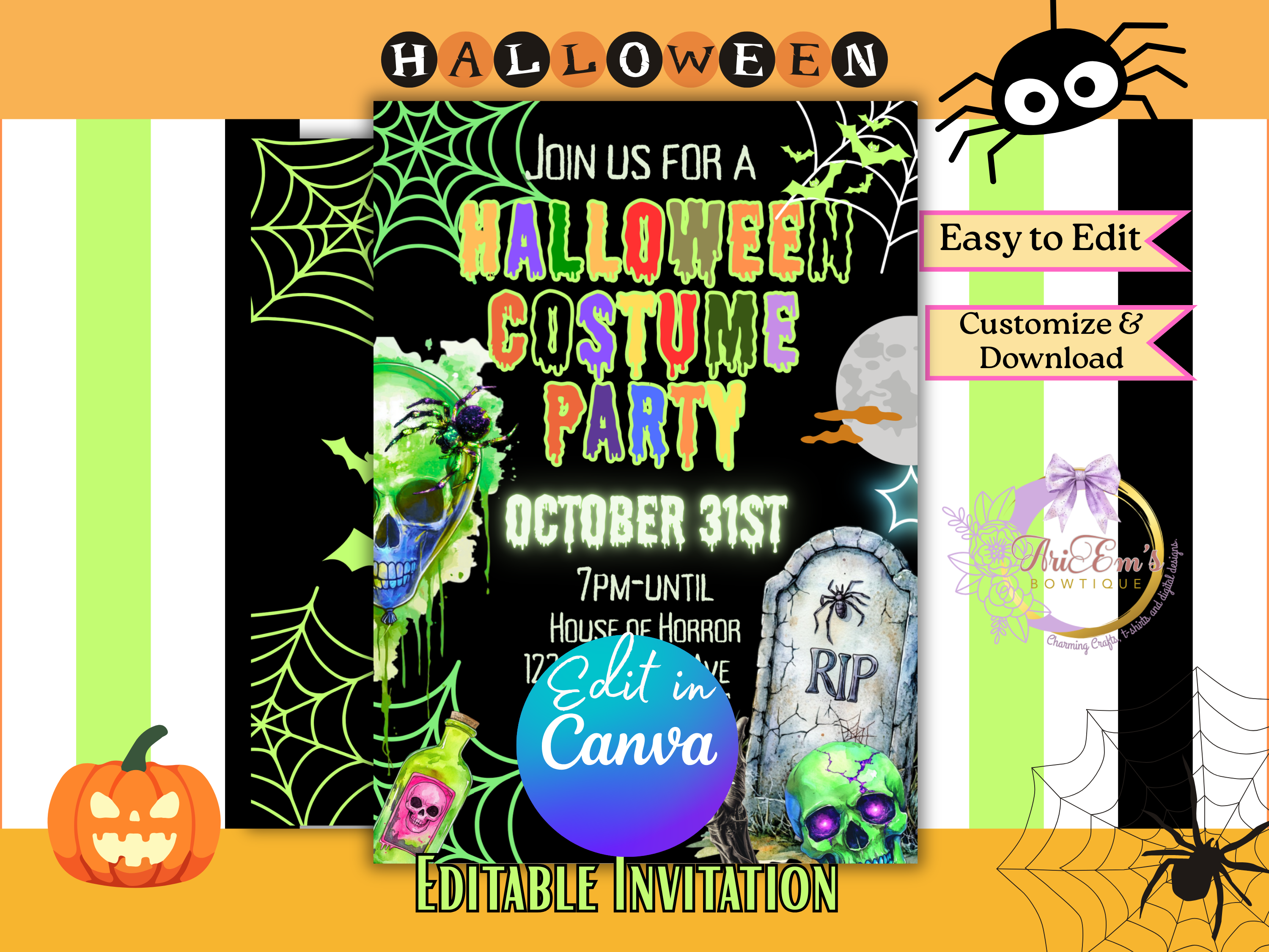 Editable Halloween Ghost Invitation, Girl Spooky Vibes Canva Template, Retro Rainbow Ghost Birthday Party Invite for Kids & Teens- Bonus Gift Tag