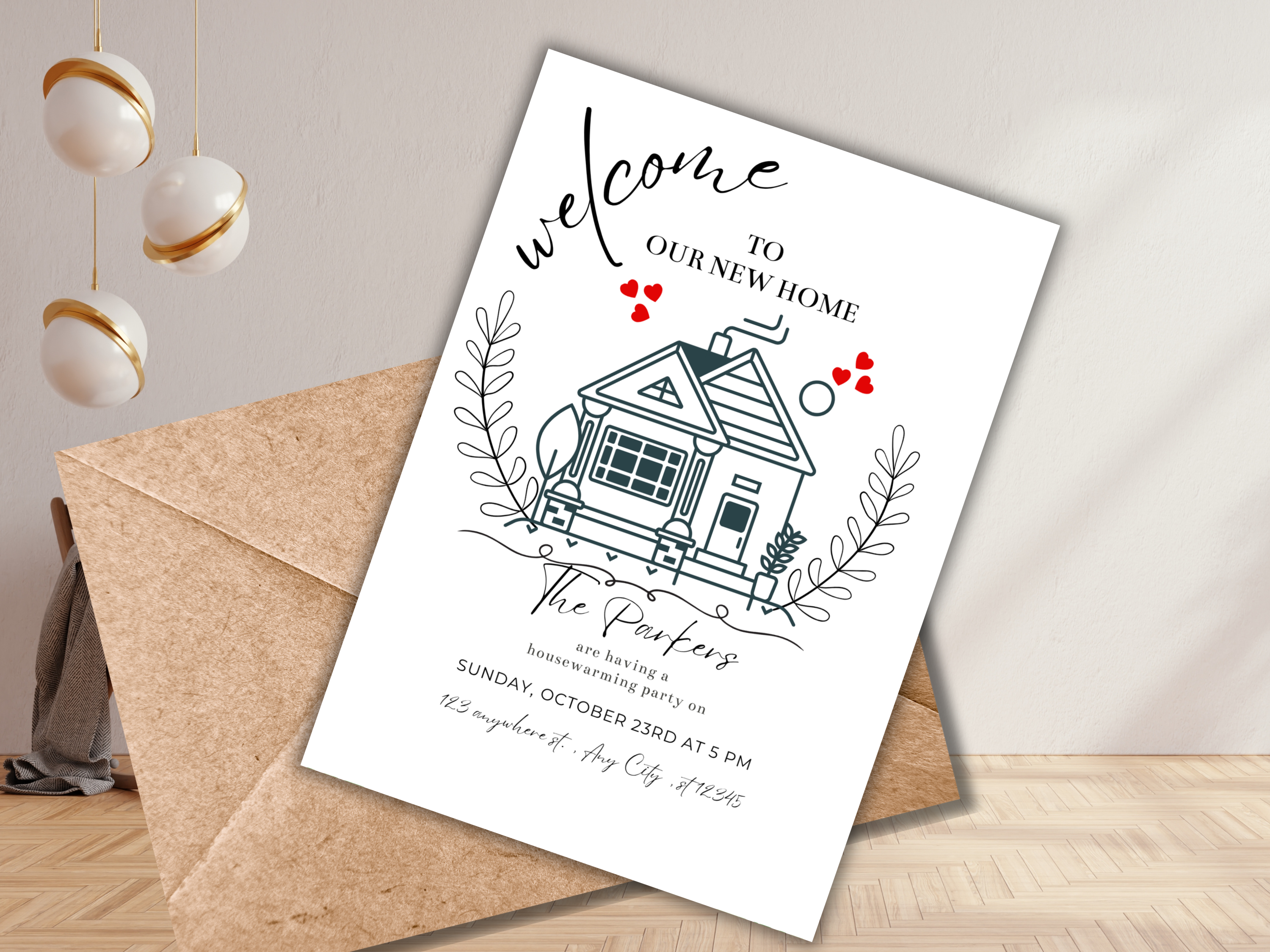 Minimalist Housewarming Invitation Template | Hearts Design | Editable Canva Invite | Modern, Simple, Digital Printable | New Home Party