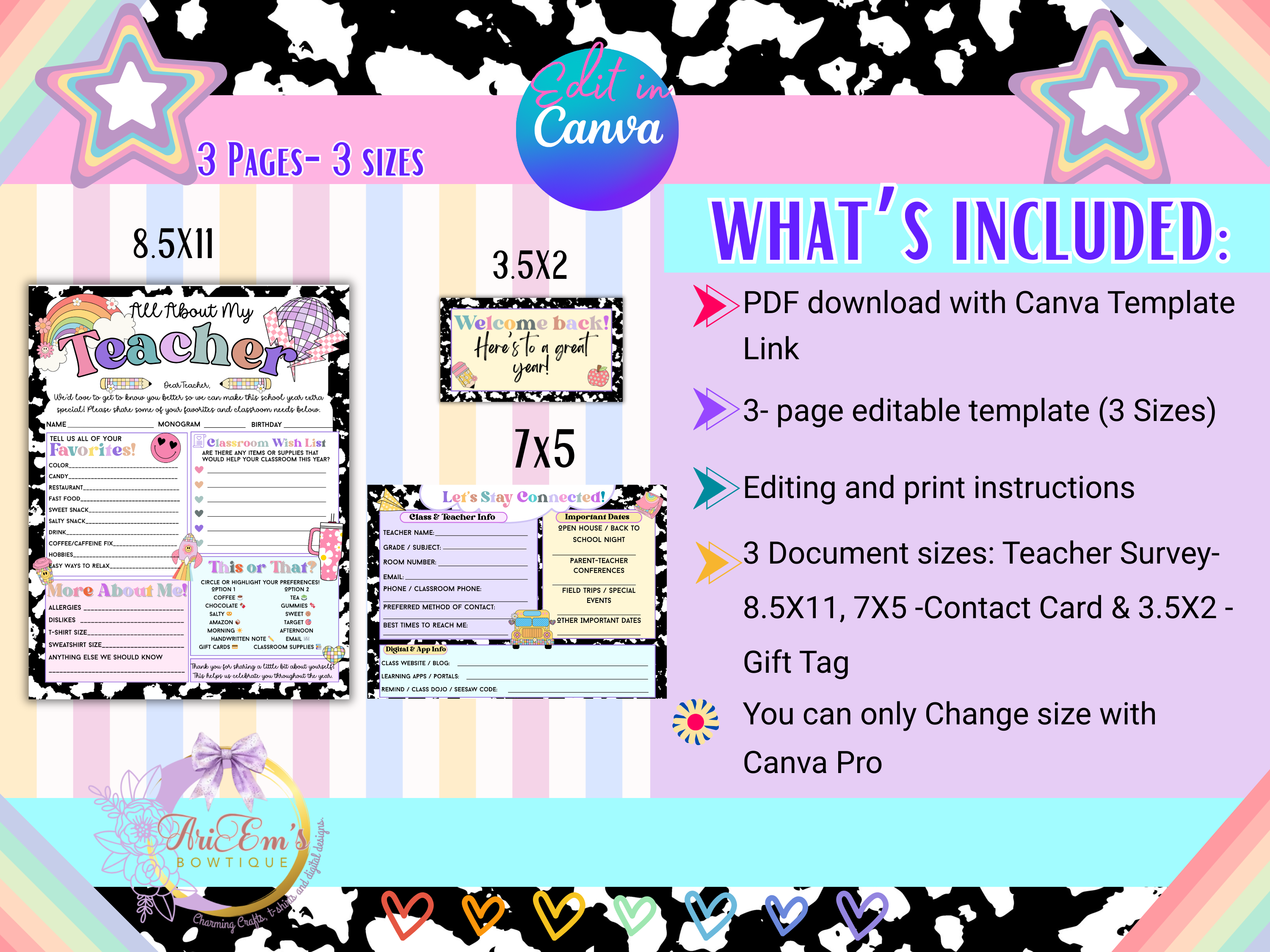 Composition Retro All About Me Teacher Favorites Questionnaire Bundle | Back to School Editable Teacher Survey, Contact Card Gift Tag |Canva Template