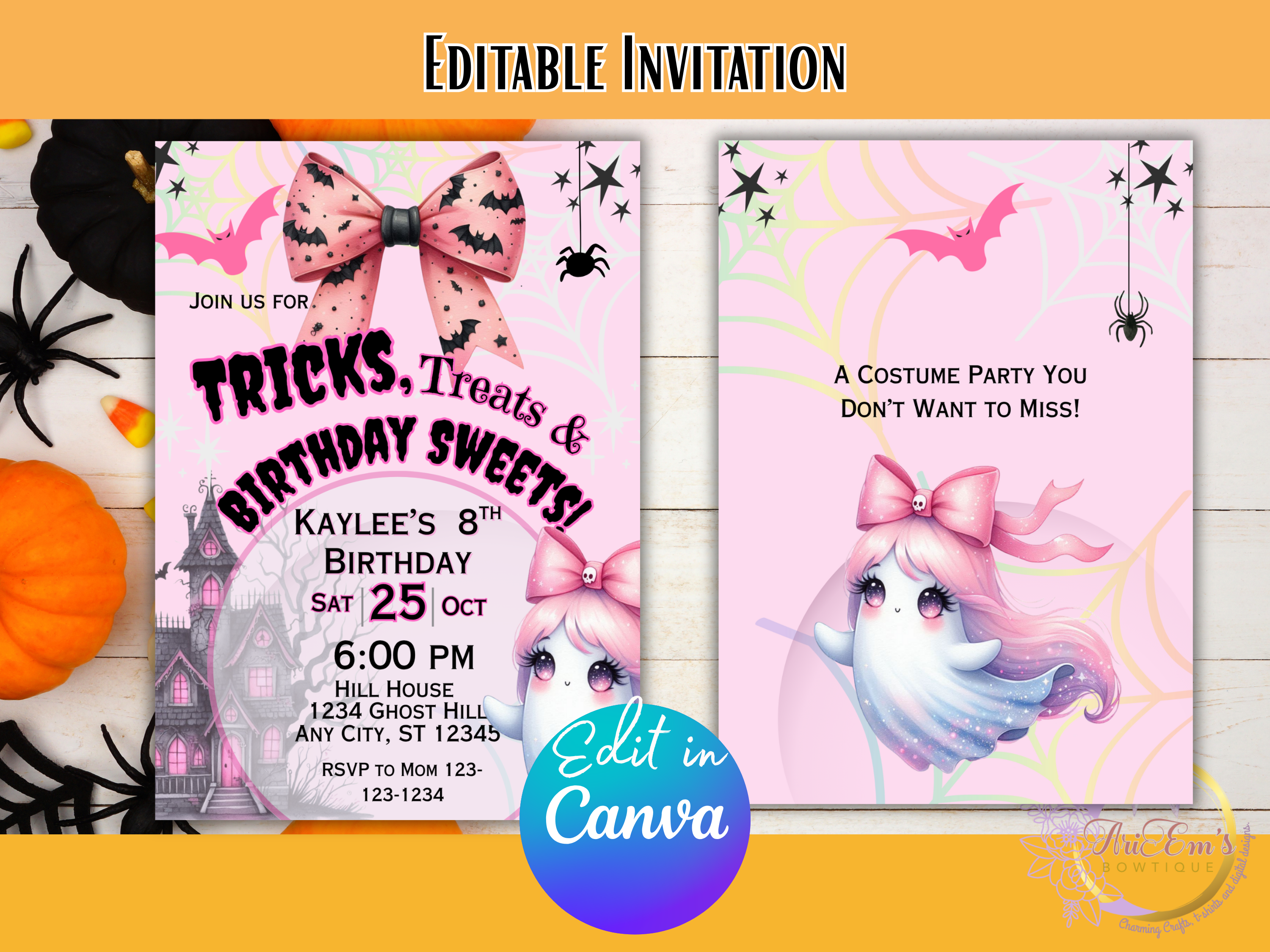 pink ghost invite, girl halloween, ghost birthday, canva halloween, halloween invite, ghost girl party, editable invite, pastel halloween, cute ghost card, spooky girl party, halloween bday, halloween template, digital party card