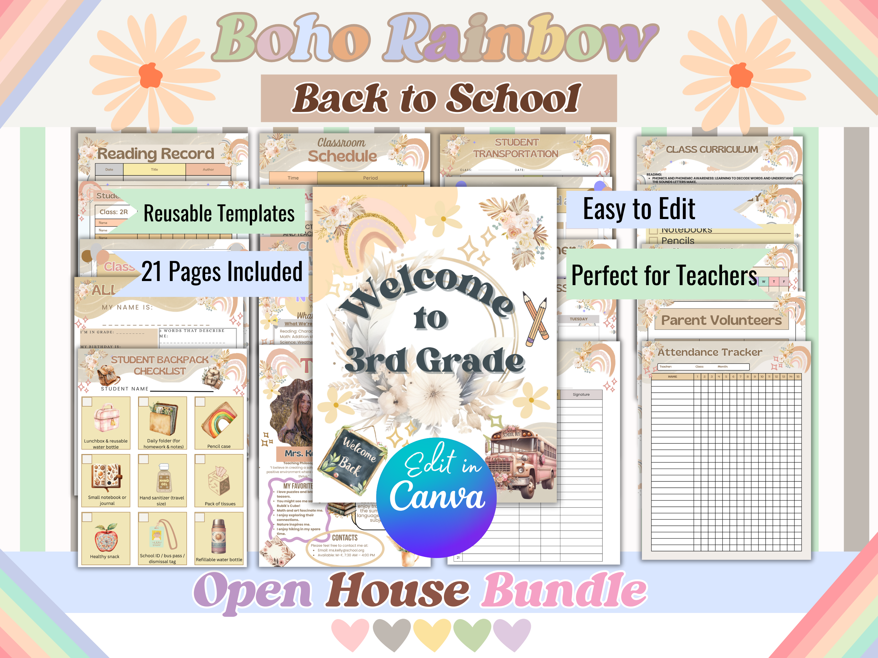 Retro Groovy Back to School Bundle | Editable Teacher Open House Templates | Meet the Teacher, Newsletter, Student Forms | Canva | 21 Pages