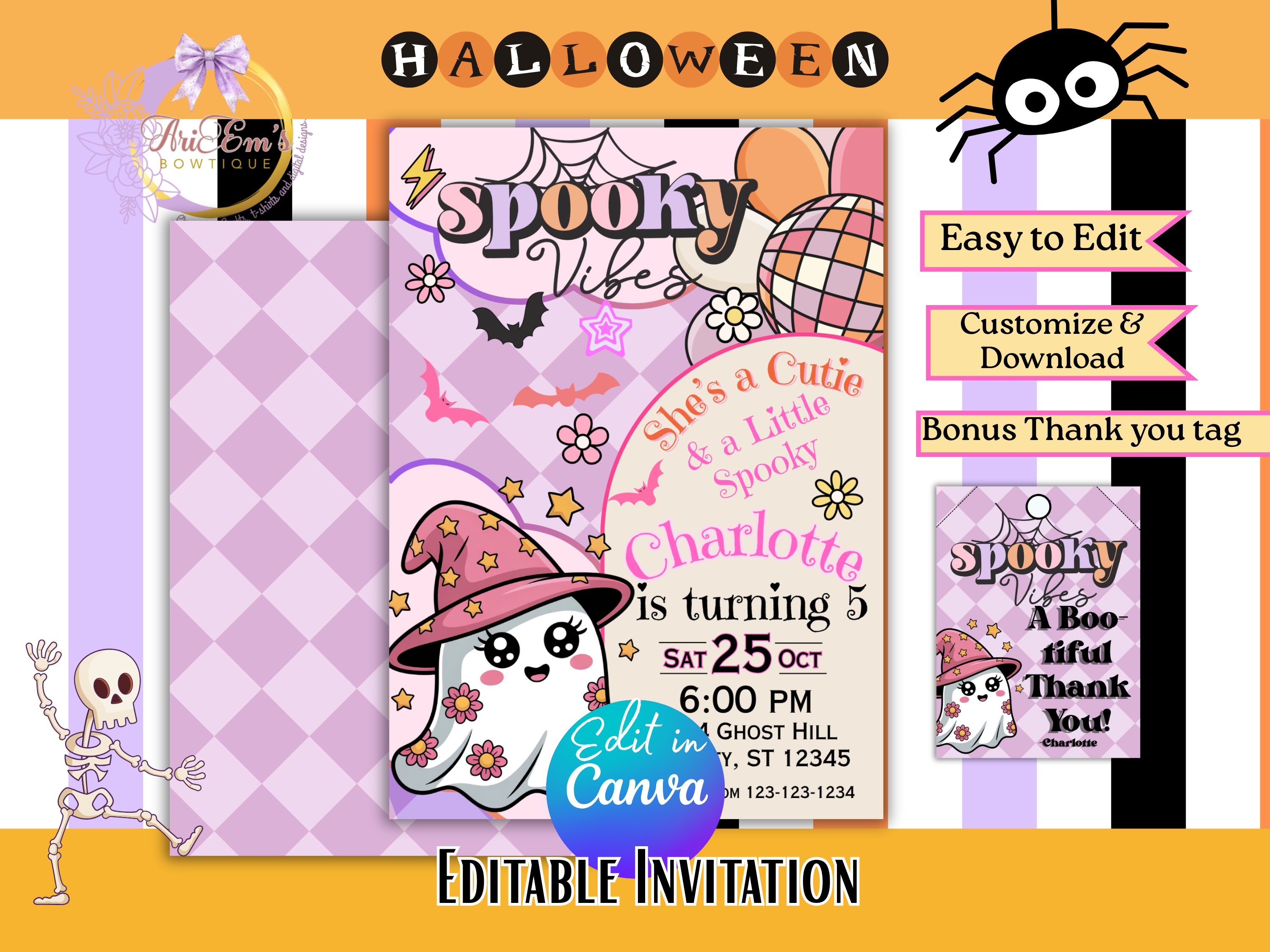 Editable Halloween Ghost Invitation, Girl Spooky Vibes Canva Template, Retro Rainbow Ghost Birthday Party Invite for Kids & Teens- Bonus Gift Tag