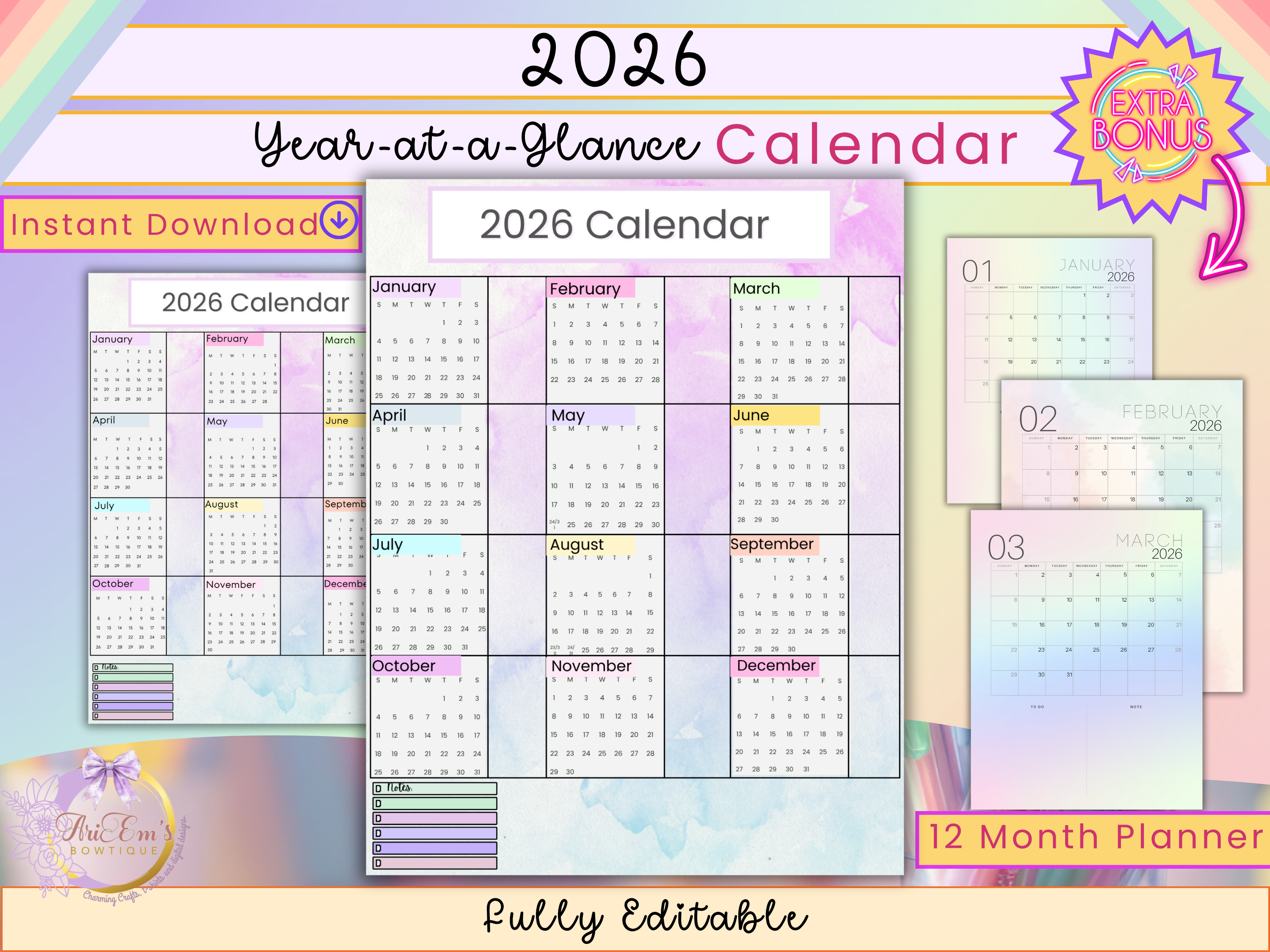 Pastel 2026 Year at a Glance Calendar Planner