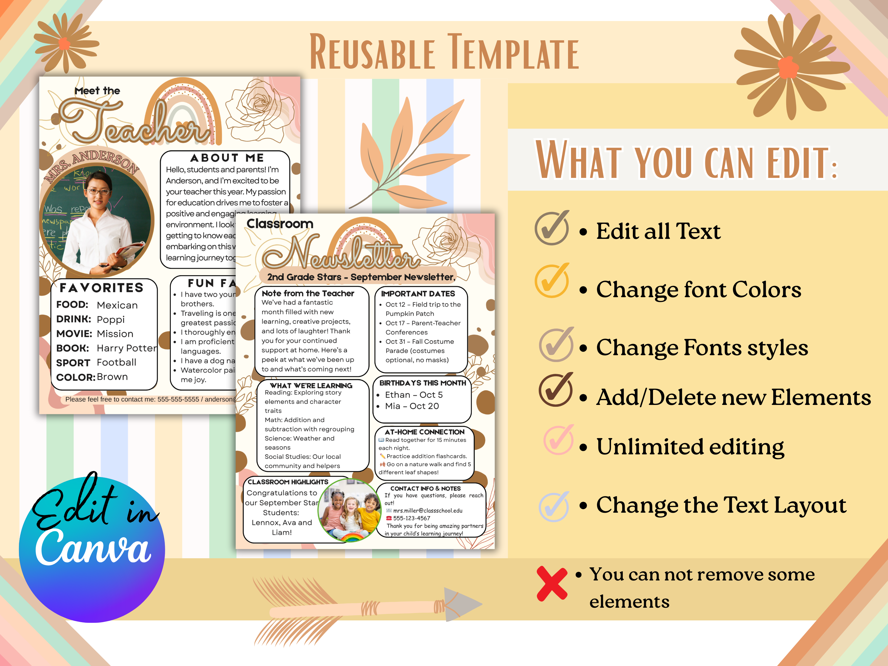 Neutral Vibes Meet the Teacher Template Editable Canva Welcome Letter & Back to School Newsletter Reusable Digital Instant Download