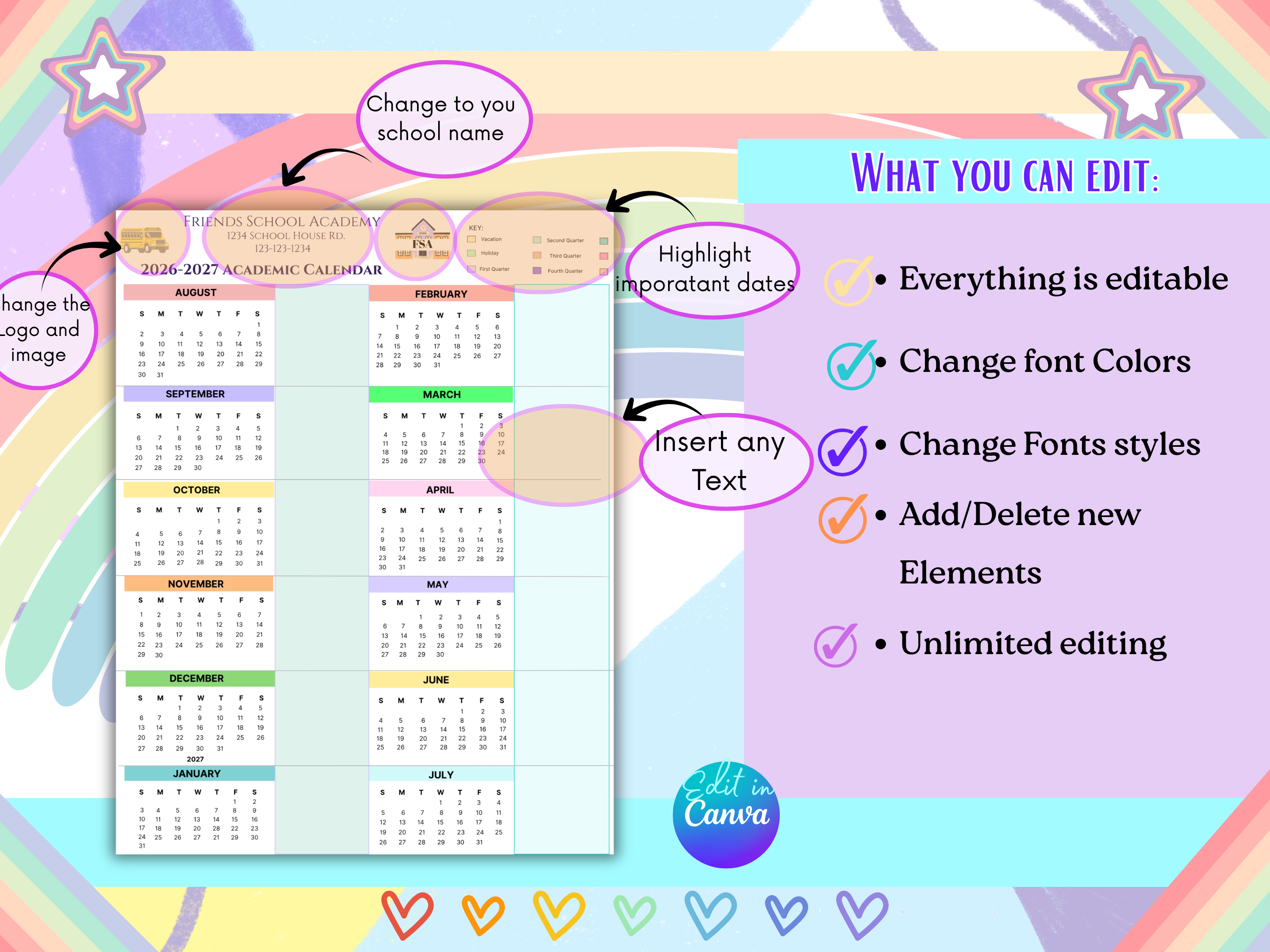 Academic Year Calendar 2026-2027 | School Year at a Glance Planner | Teacher Student Monthly Calendar | Birthday Tracker Canva Template