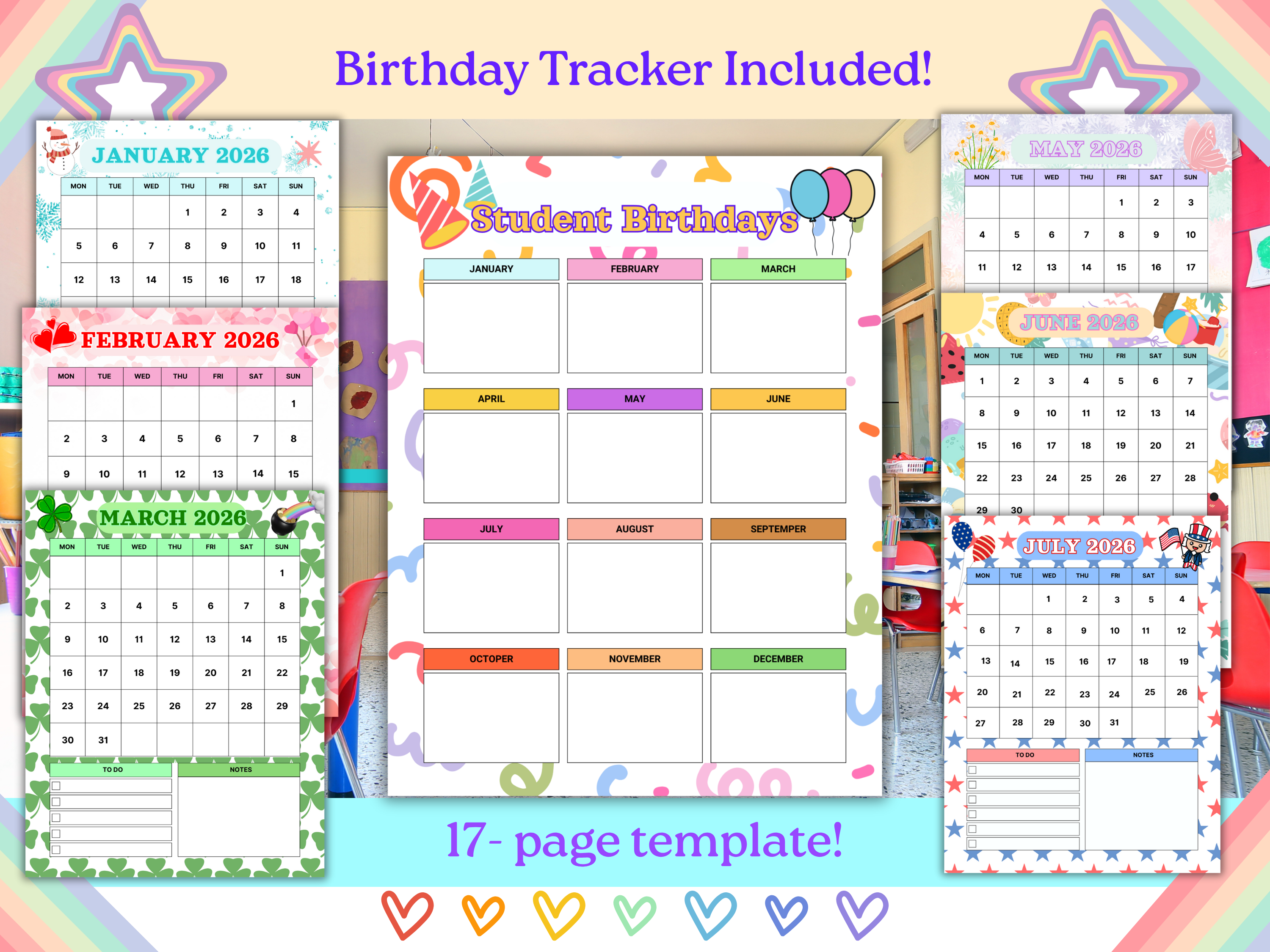 Editable School Academic Yearly Calendar 2025–2026 2026–2027 Template Year-at-a-Glance Monthly Planner for Teachers, Homeschool Moms Coaches