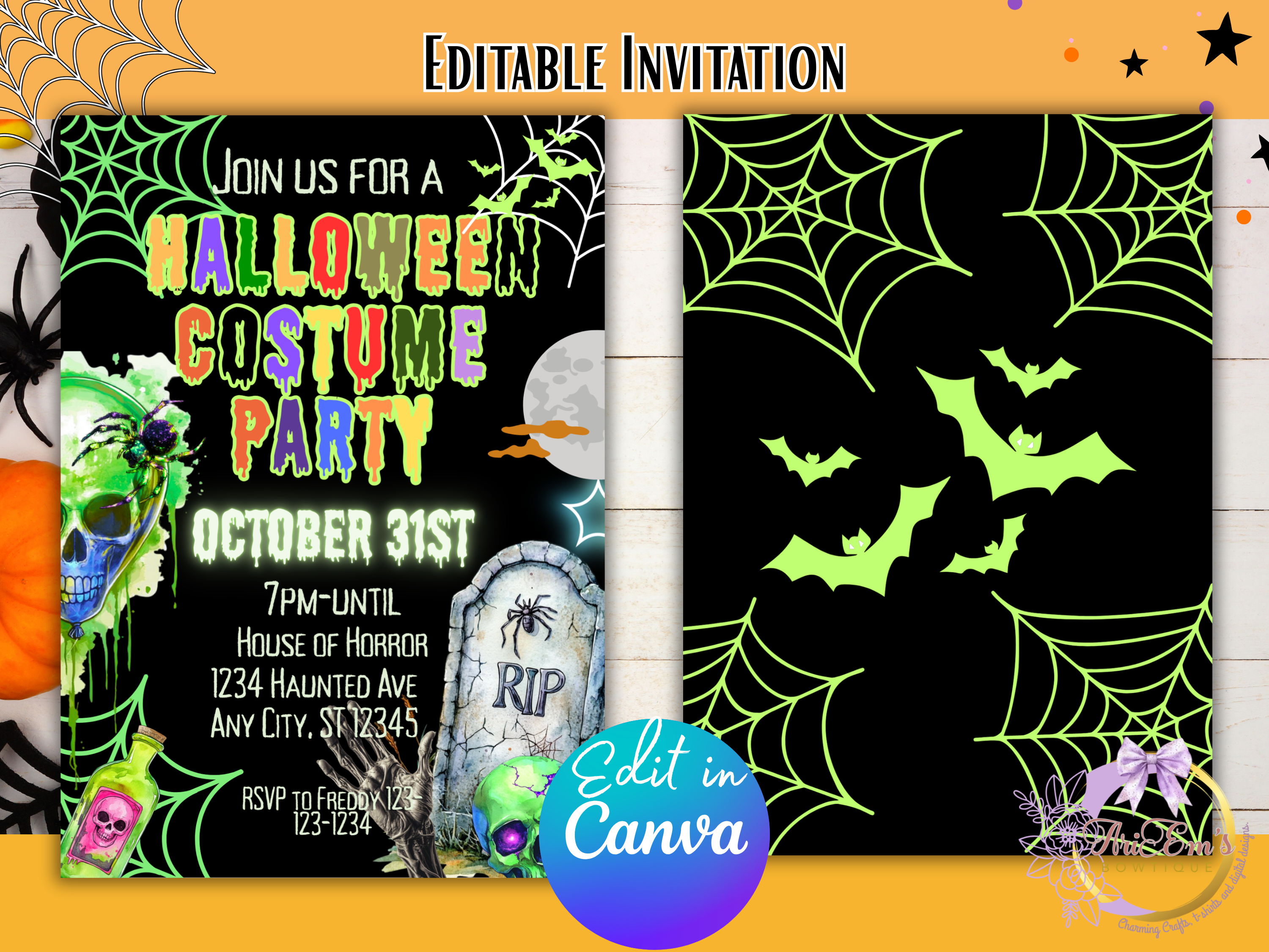 Editable Halloween Ghost Invitation, Girl Spooky Vibes Canva Template, Retro Rainbow Ghost Birthday Party Invite for Kids & Teens- Bonus Gift Tag