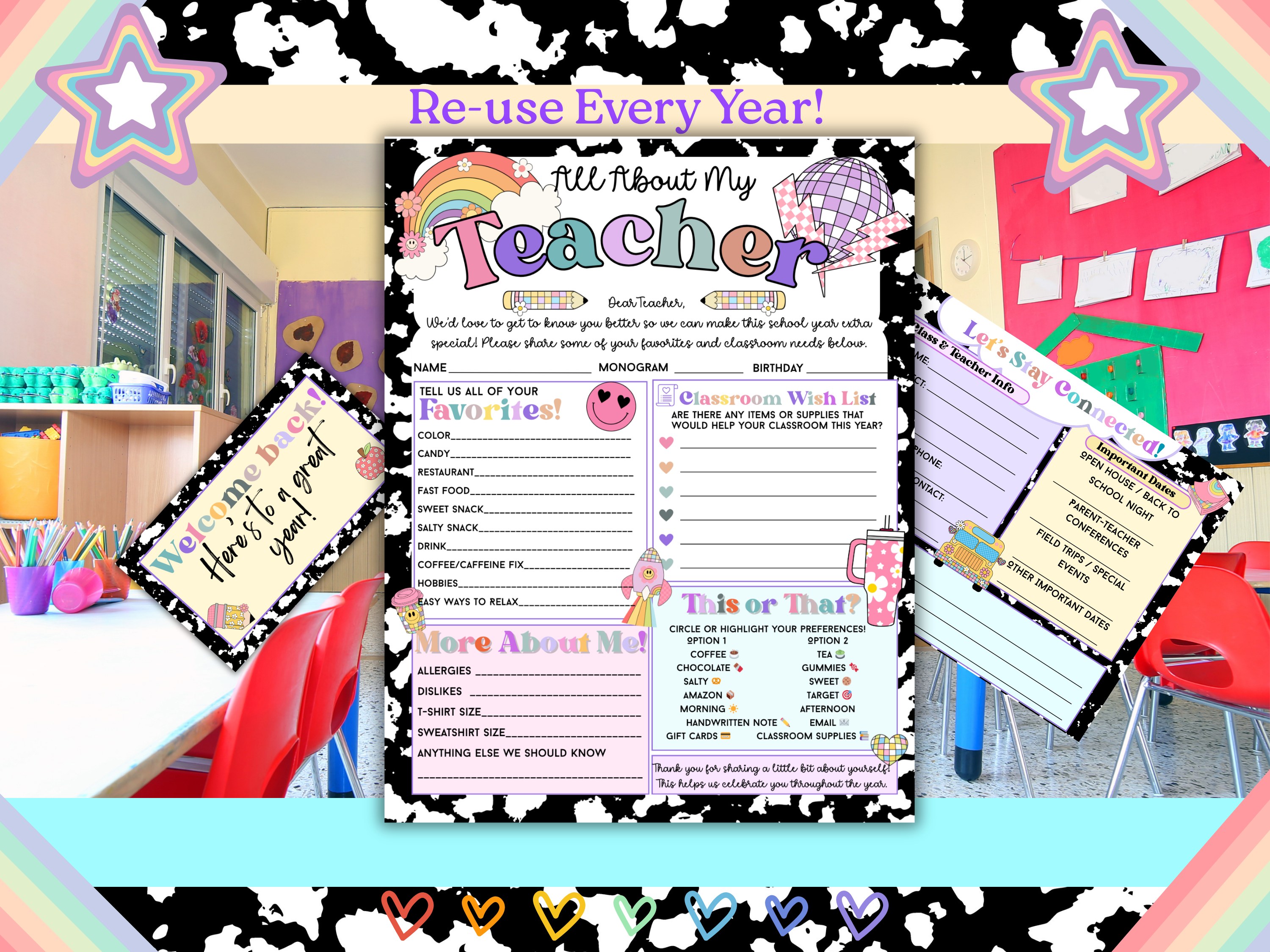 Composition Retro All About Me Teacher Favorites Questionnaire Bundle | Back to School Editable Teacher Survey, Contact Card Gift Tag |Canva Template