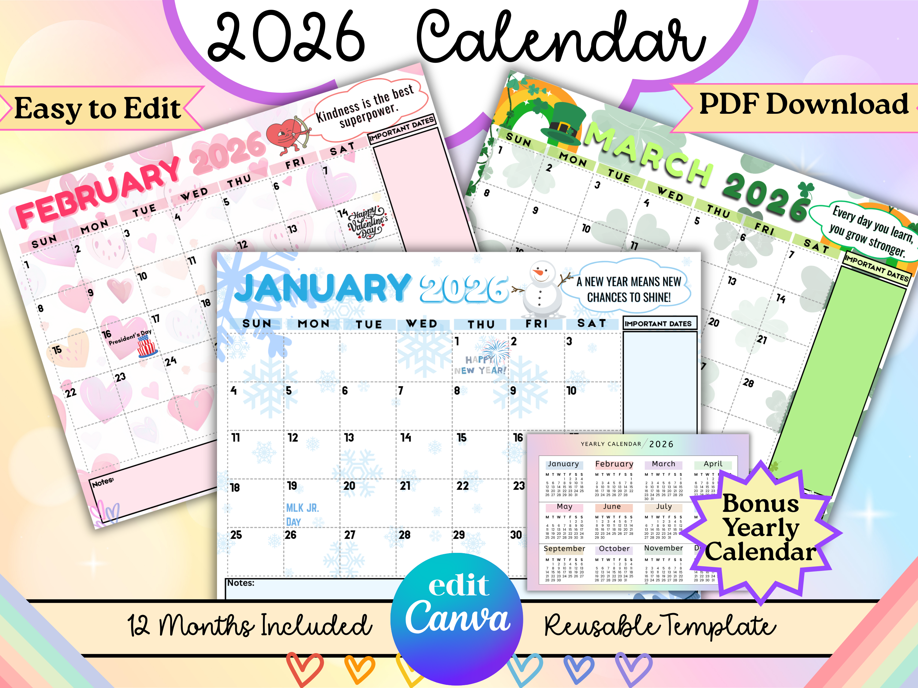 Colorful Kids Motivational Calendar 2026 12 Monthly Themes + Bonus Yearly Calendar – Printable PDF