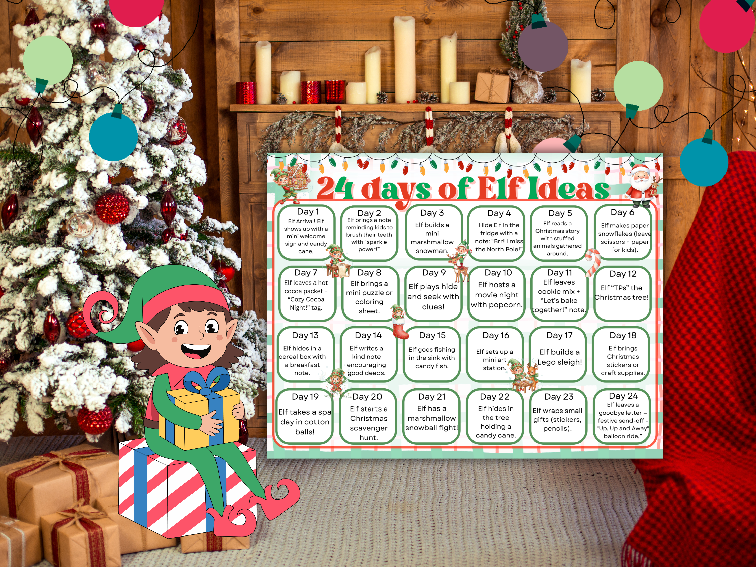 24 Days of Elf Ideas Printable | 2-Page Elf Activity Calendar & Daily Idea List | Editable 2025 Elf on the Shelf Planner | Instant Download