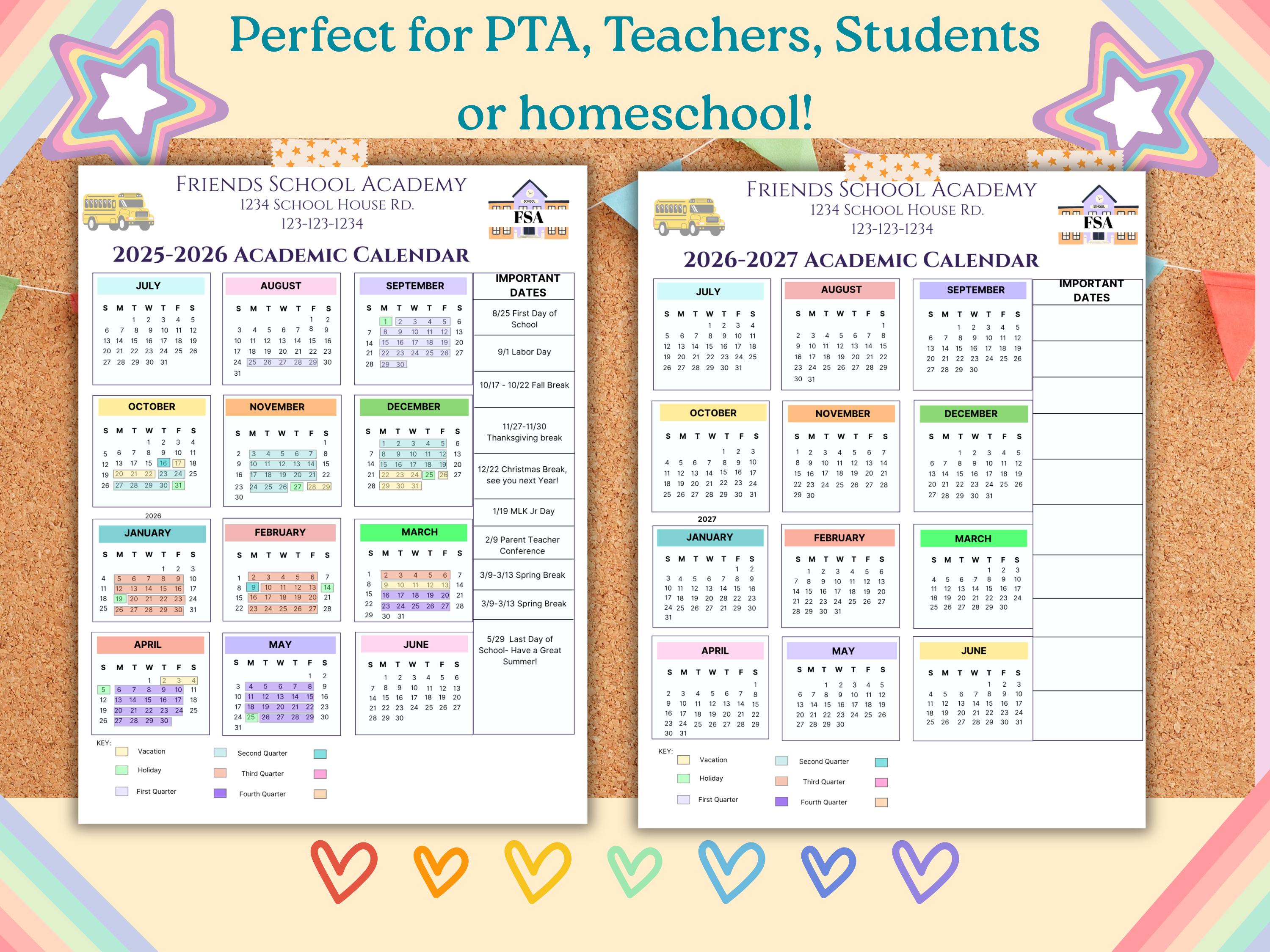 Editable School Academic Yearly Calendar 2025–2026 2026–2027 Template Year-at-a-Glance Monthly Planner for Teachers, Homeschool Moms Coaches