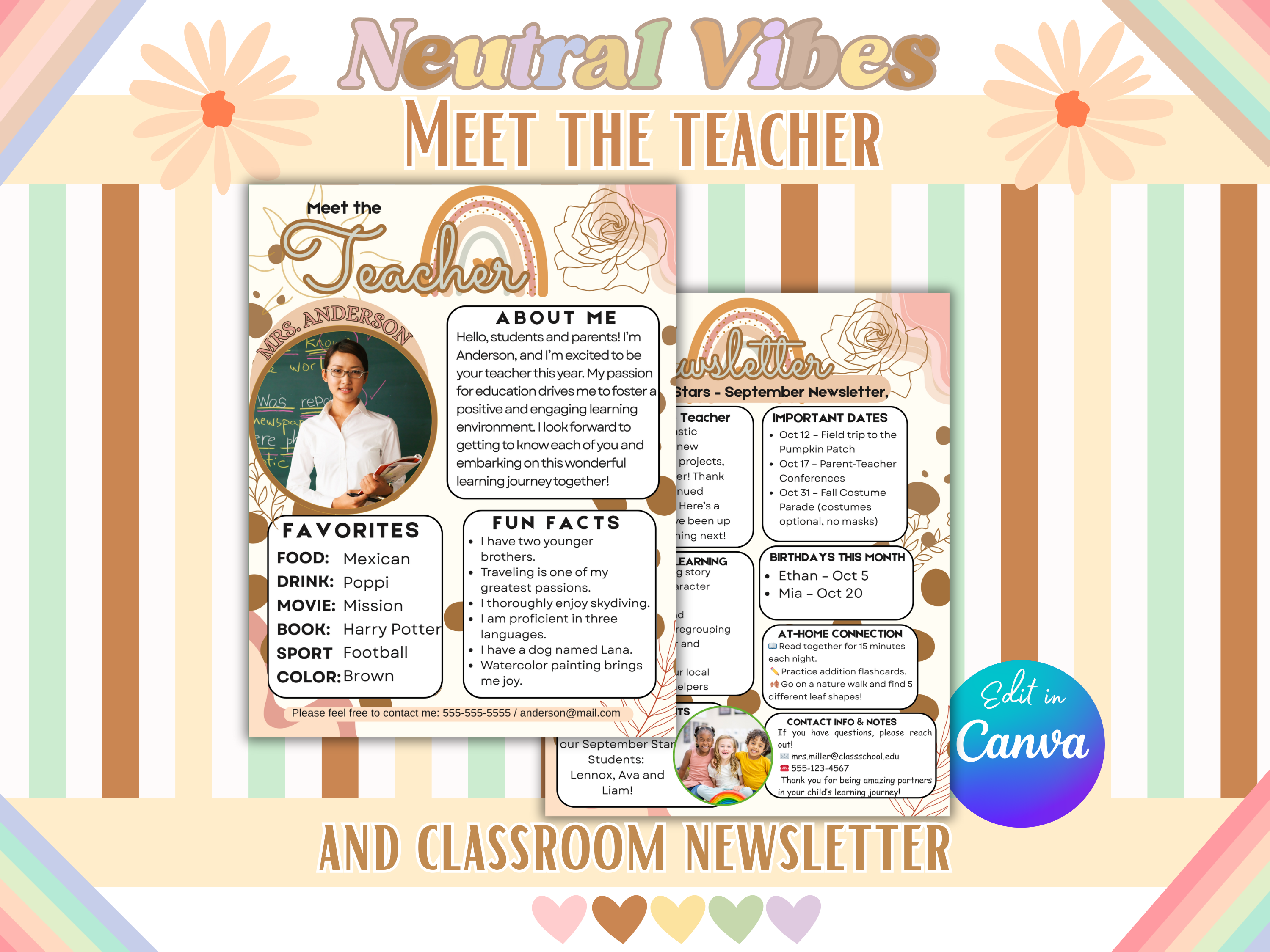 Neutral Vibes Meet the Teacher Template Editable Canva Welcome Letter & Back to School Newsletter Reusable Digital Instant Download