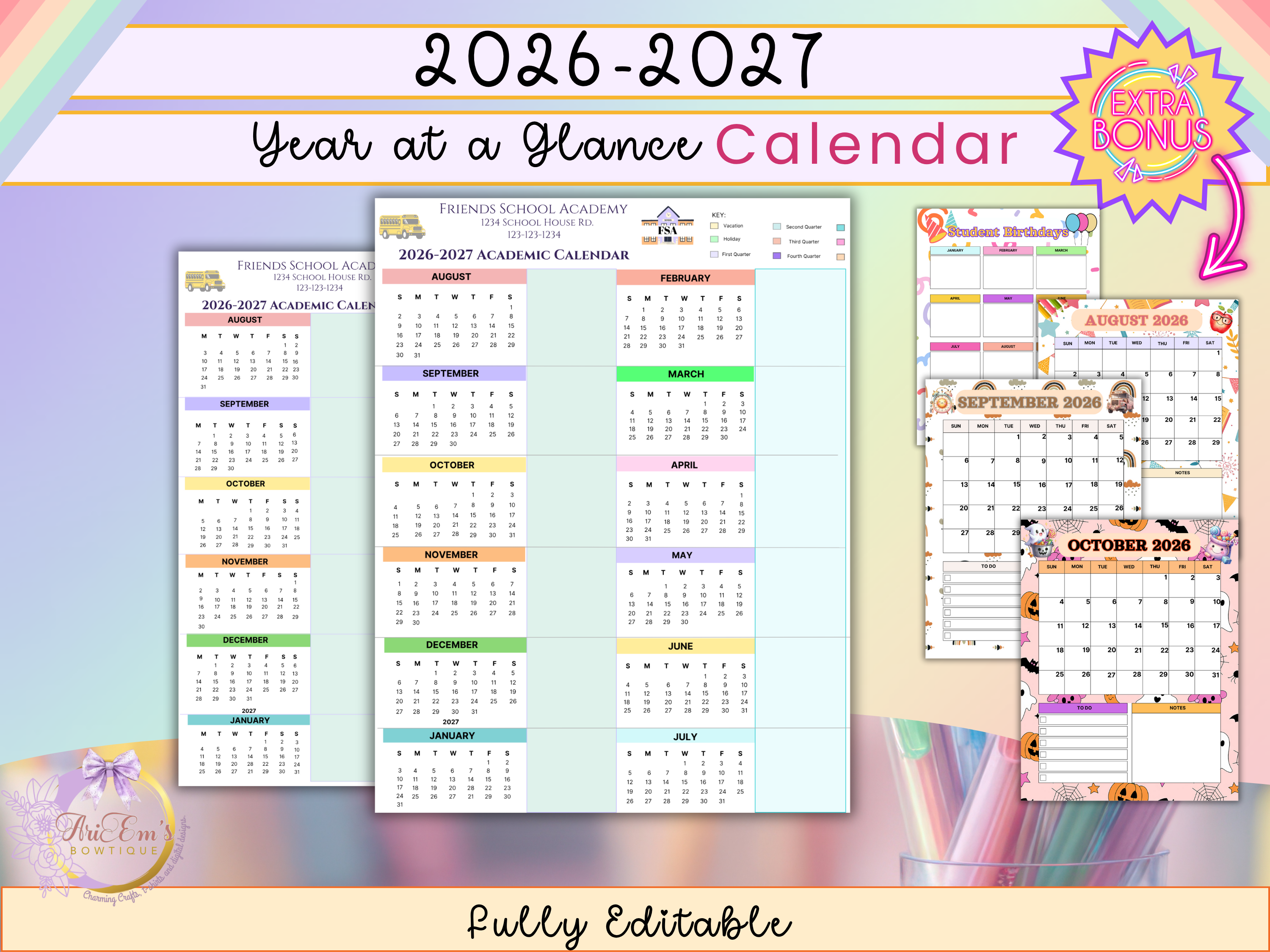 Academic Year Calendar 2026-2027 | School Year at a Glance Planner | Teacher Student Monthly Calendar | Birthday Tracker Canva Template