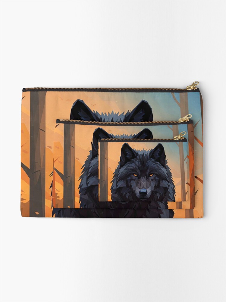 Geometric Wolf-Themed Zipper Pouches