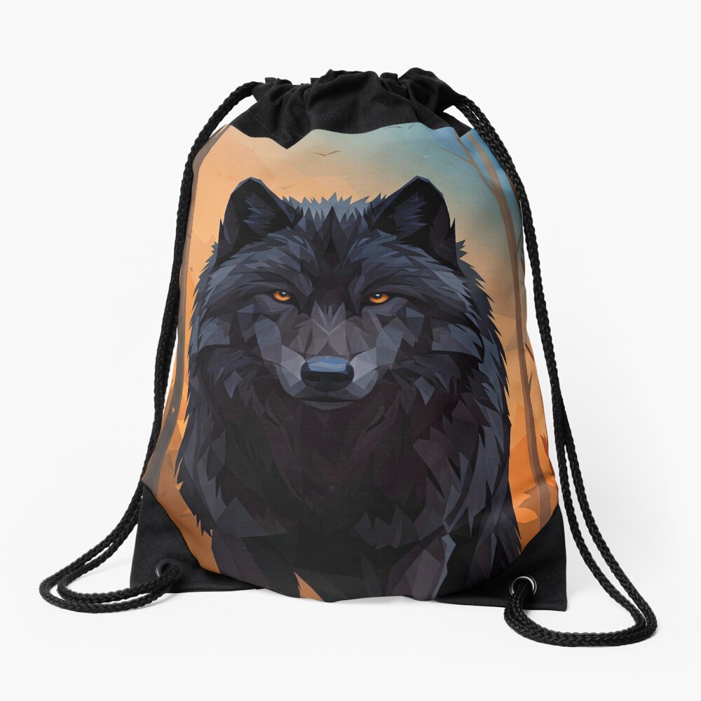 Geometric Wolf Design Drawstring Bag