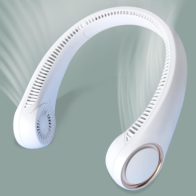 Roll over image to zoom in VIDEO 2+ Portable Fan Neck Fans for Women Men Bladeless Personal Fan Rechargeable USB 4000mAh Battery Operated with 3 Speeds Hand-Free Neck Fan for Outdoor & Indoor Use Portable Rechargeable Small Fan White