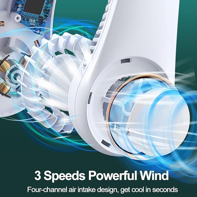  Roll over image to zoom in   VIDEO     2+ Portable Fan Neck Fans for Women Men Bladeless Personal Fan Rechargeable USB 4000mAh Battery Operated with 3 Speeds Hand-Free Neck Fan for Outdoor & Indoor Use Portable Rechargeable Small Fan White