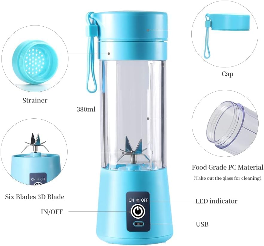  Portable Blender, USB Rechargeable Mini Juicer Blender, Electric Juicer Bottle Blender Grinder Mixer, Personal Size Blender for Juices, Shakes and Smoothies, Fruit Juicer Machine (Multicolour)