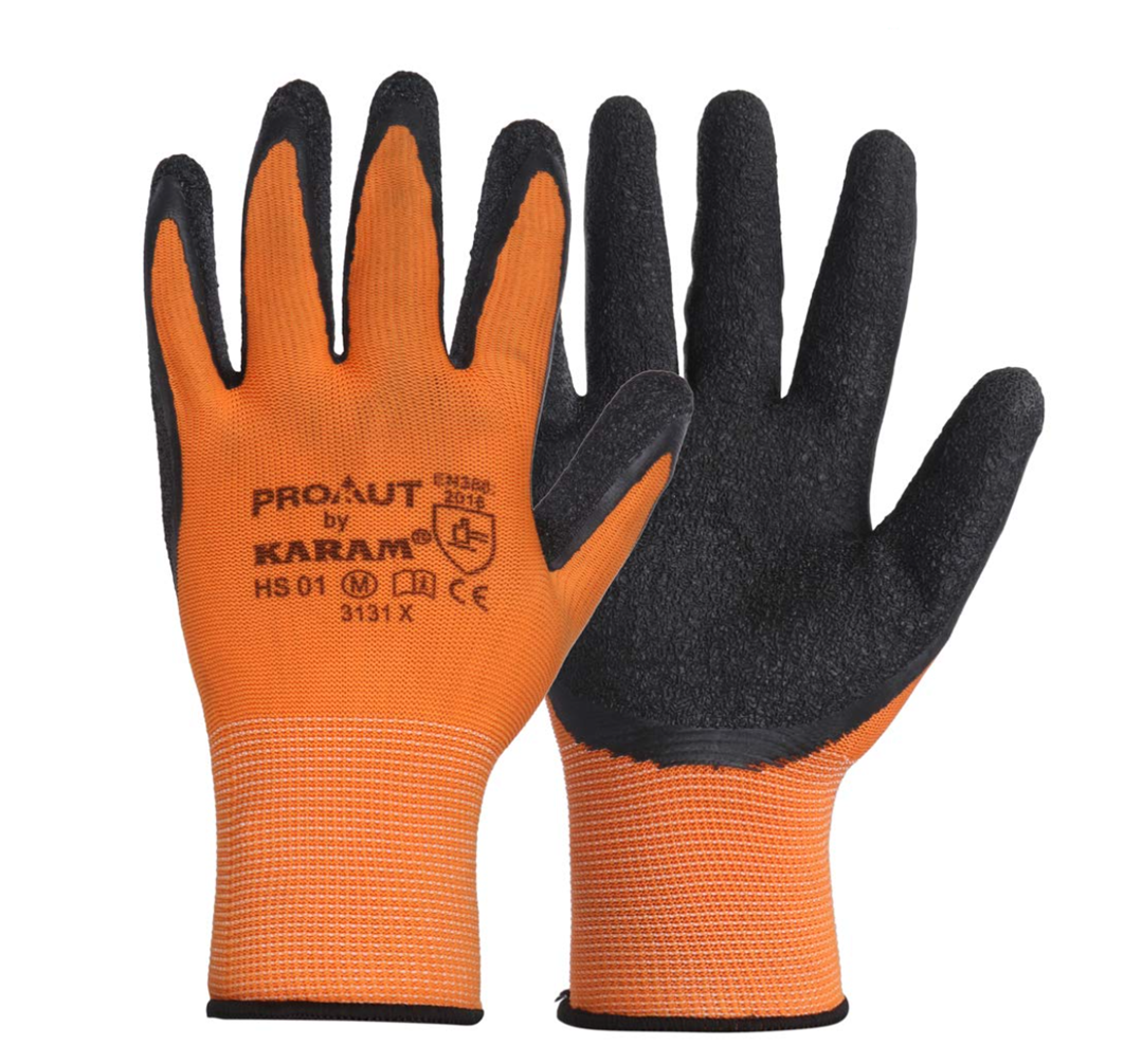 HS01 Safety Gloves for Mechanical Hazards | Safety Work Gloves with Orange Liner with Black Crinkle Latex 