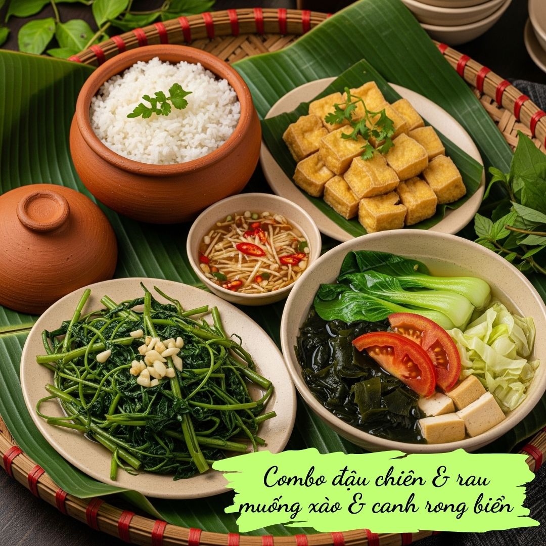 Combo 06: Rice, Fried tofu, Fried water spinach, Mixed seaweed soup and Iced tea 