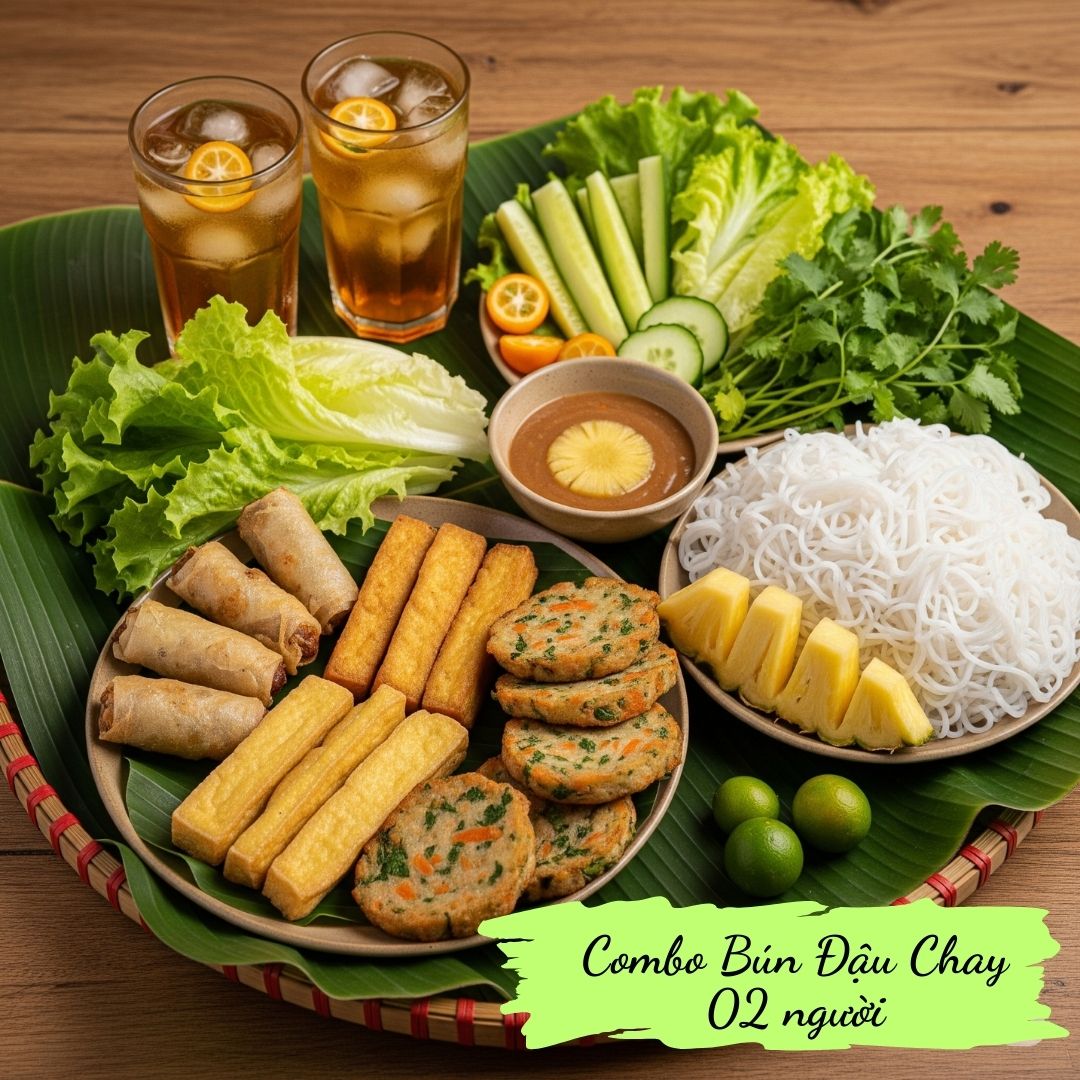 Combo 02: Vermicelli, spring rolls, tofu balls, salad & Kumquat Tea