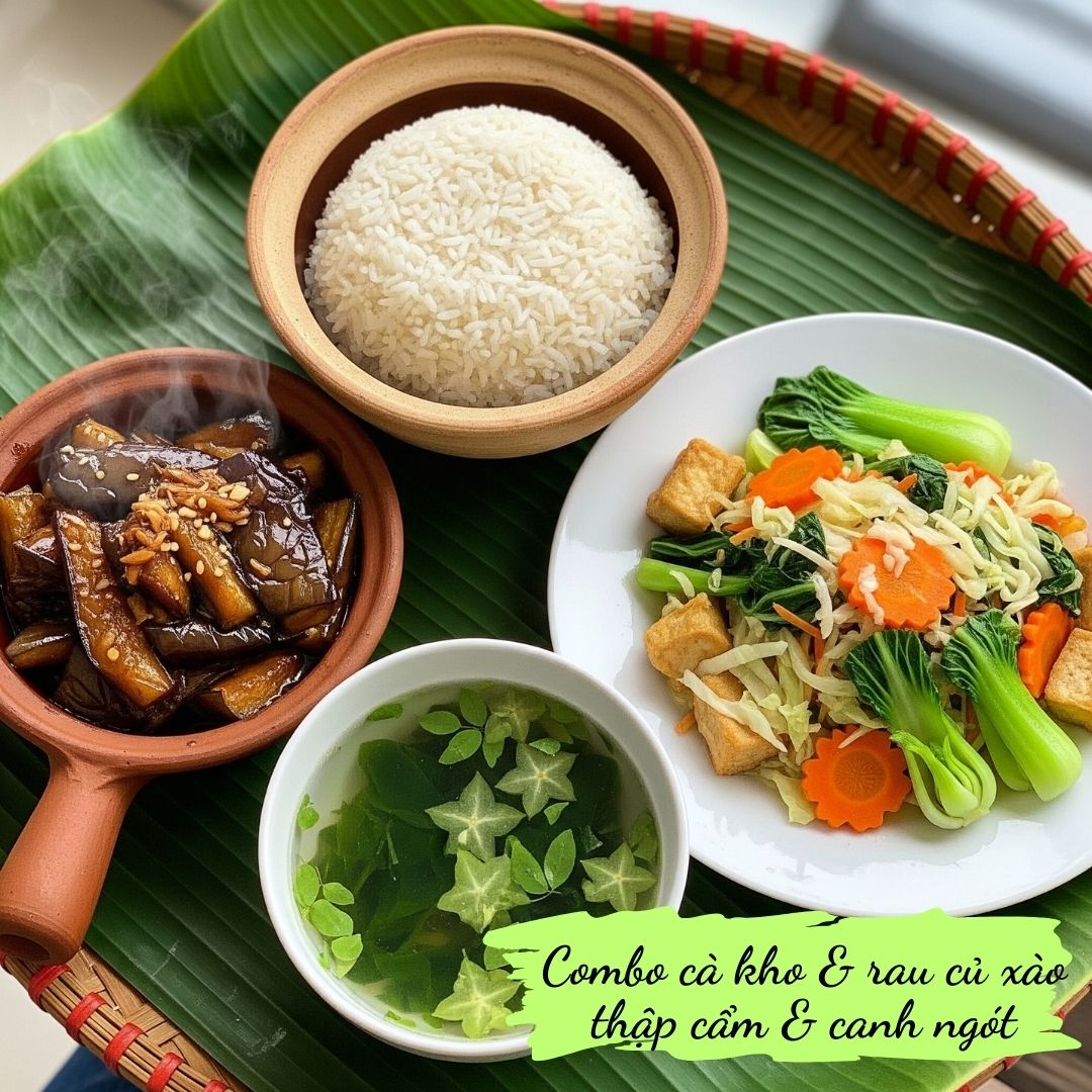 Combo 04: Rice, Braised eggplant, Fried mixed vegetable and tofu, Green vegetable soup & Iced tea