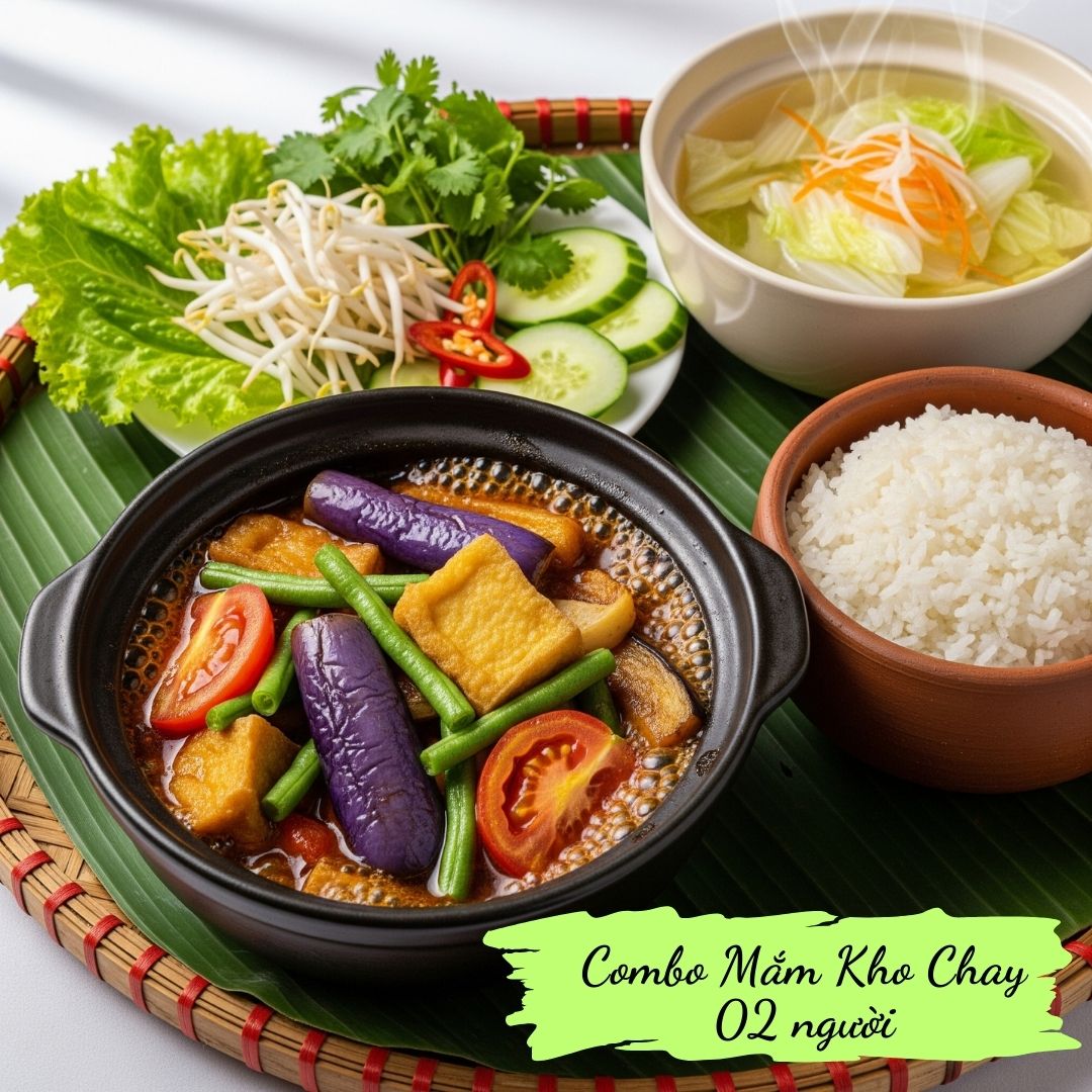 Combo 05: Rice, Mekong-styled braised tofu & veggies -  - Cabbage soup & Passion fruit juice 