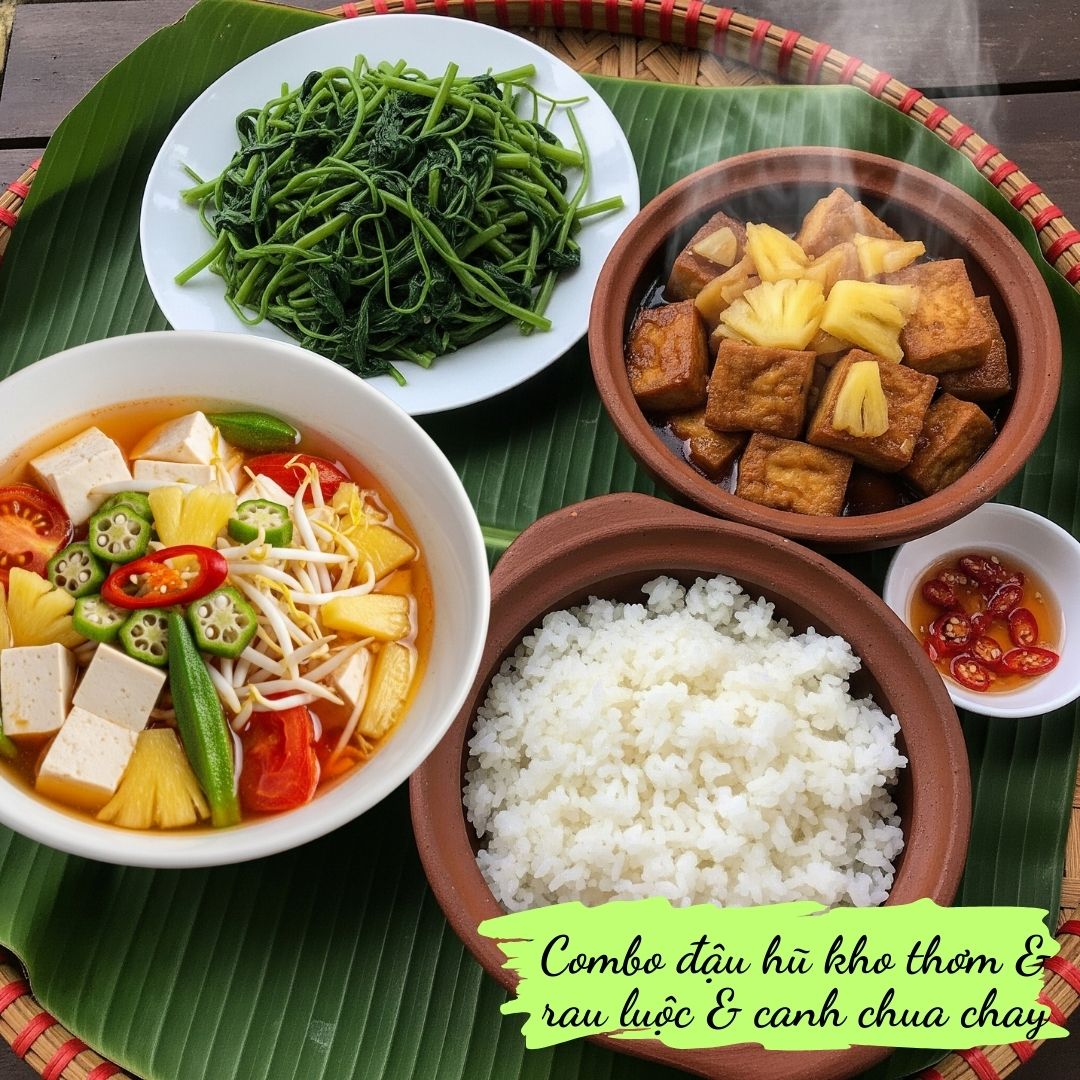Combo 03: Rice, braised tofu and pineapple, VN sour soup & Iced tea 