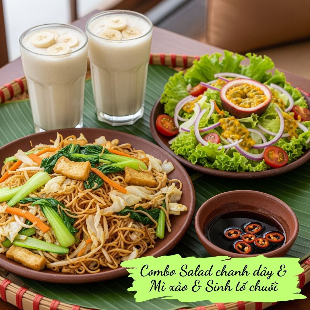 Combo 09: Passion fruit salad, Fried noodle ad veggies & Banana smoothie