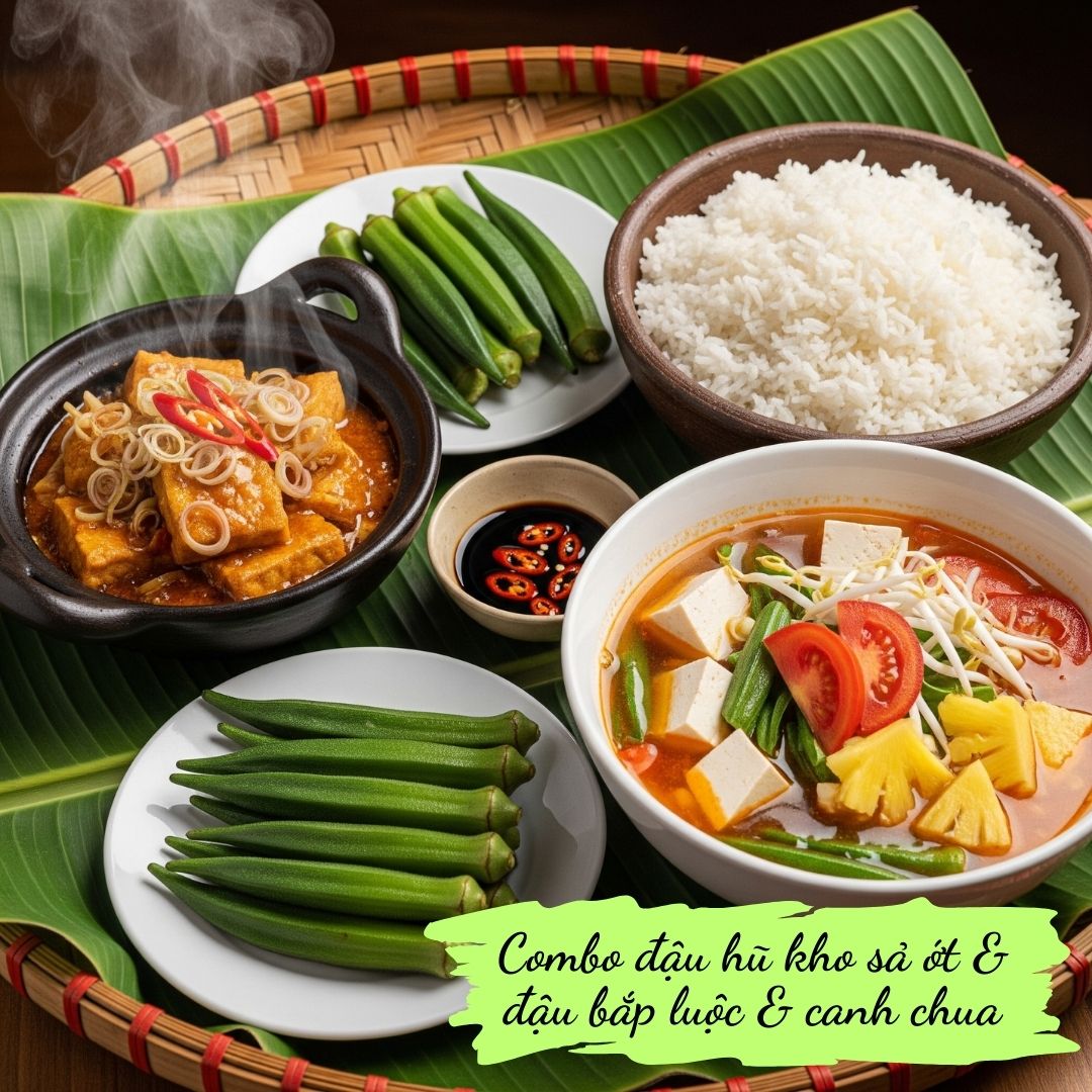 Combo 07: Rice, Braised tofu & lemongrass, Boiled okras, VN sour soup & Iced tea 