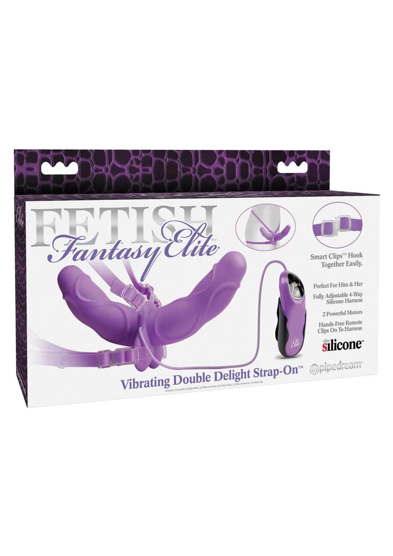 Fetish Fantasy Elite Vibrating Double Delight Strap On Silicone with Wired Remote Control 10in - Purple