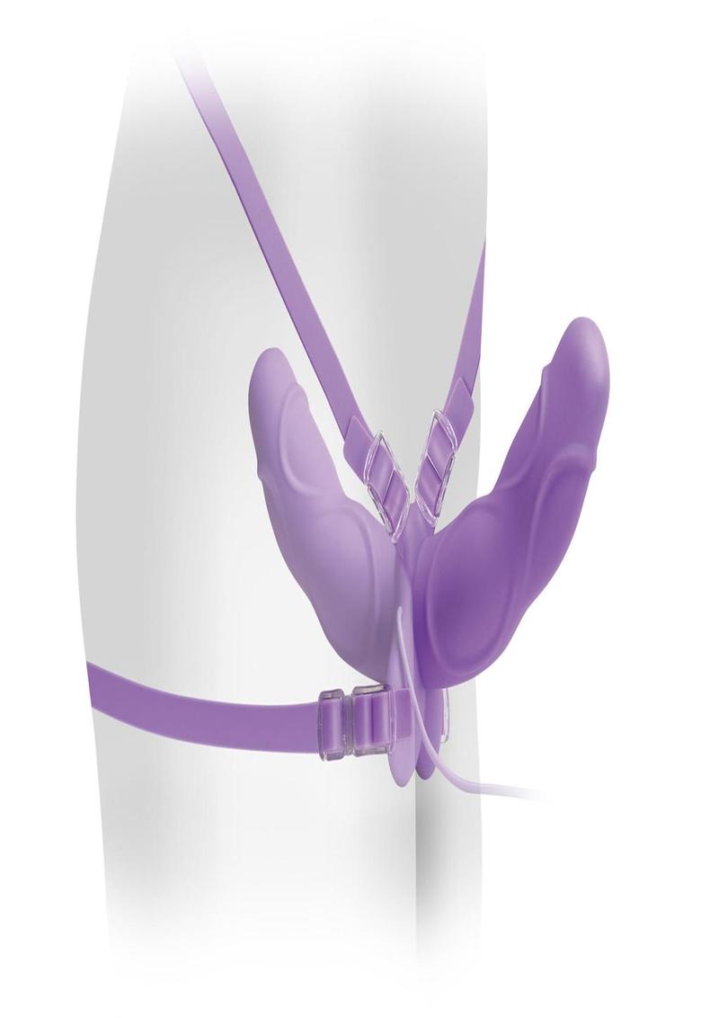 Fetish Fantasy Elite Vibrating Double Delight Strap On Silicone with Wired Remote Control 10in - Purple