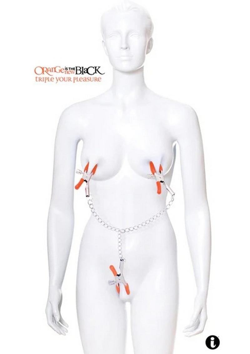 The 9's Orange is the New Black Triple Your Pleasure Clamps & Chain
