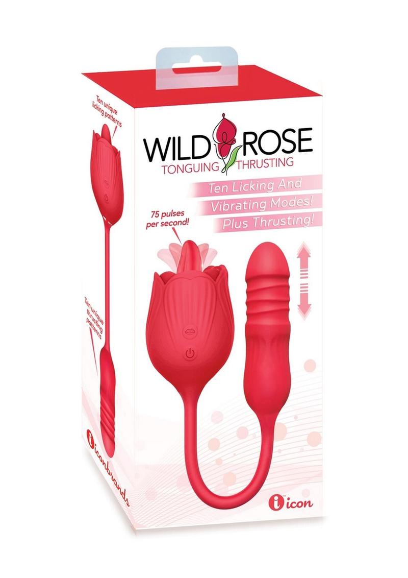 Wild Rose Lick & Thrust Rechargeable Silicone Dual Vibrator with Clitoral Stimulator - Red