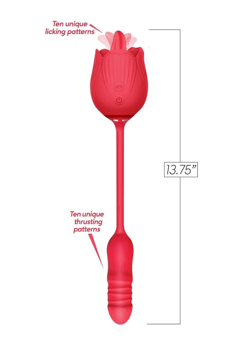 Wild Rose Lick & Thrust Rechargeable Silicone Dual Vibrator with Clitoral Stimulator - Red