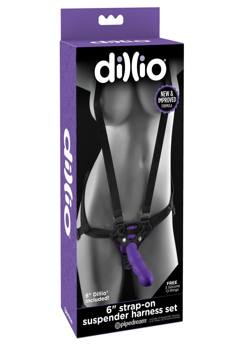 Dillio Strap-On Suspender Harness Set Black with Silicone Dildo 6in - Purple