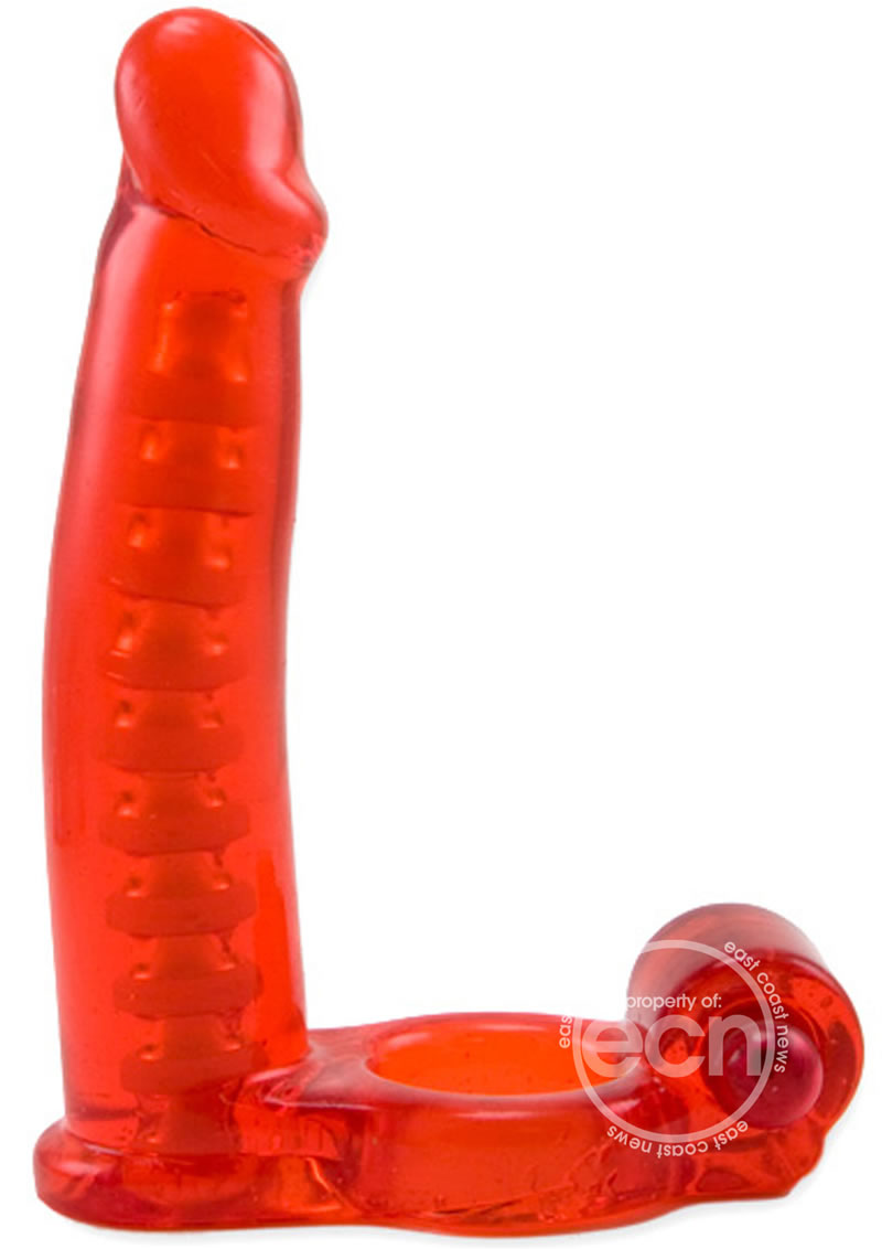 Double Penetrator Vibrating Cock Ring with Bendable Dildo - Red