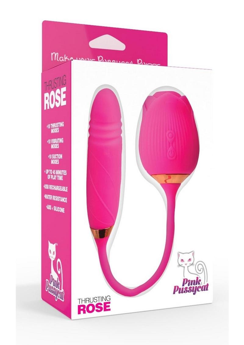 Pink Pussycat Vibrating Thrusting Rechargeable Silicone Rose with Remote Control - Pink