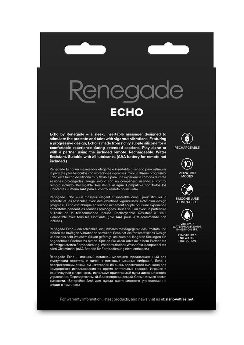 Renegade Echo Rechargeable Silicone Prostate Massager with Remote Control - Black