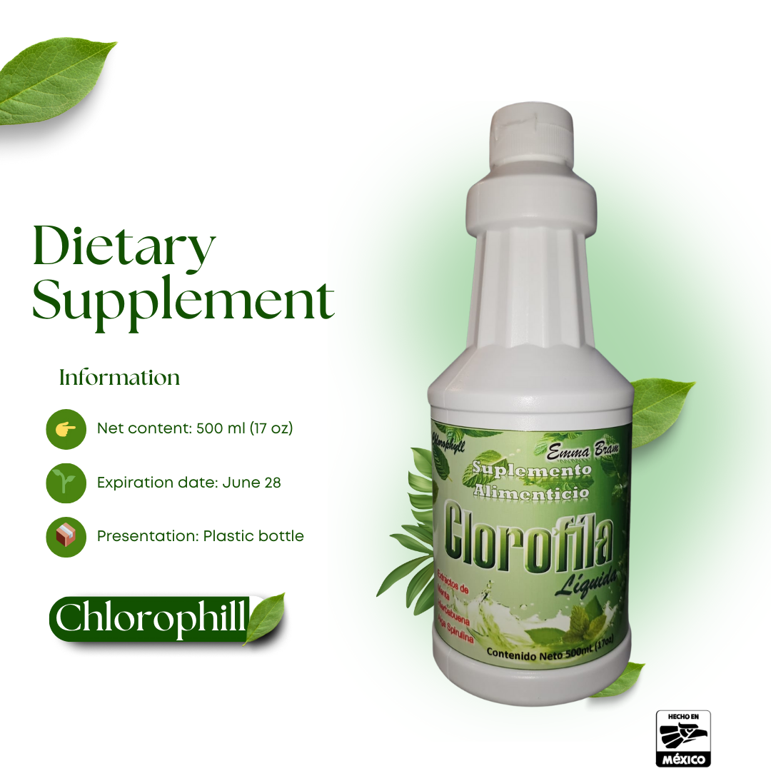 Clorofila Líquida con Extractos de Menta, Spirulina y Hierbabuena Suplemento Natural