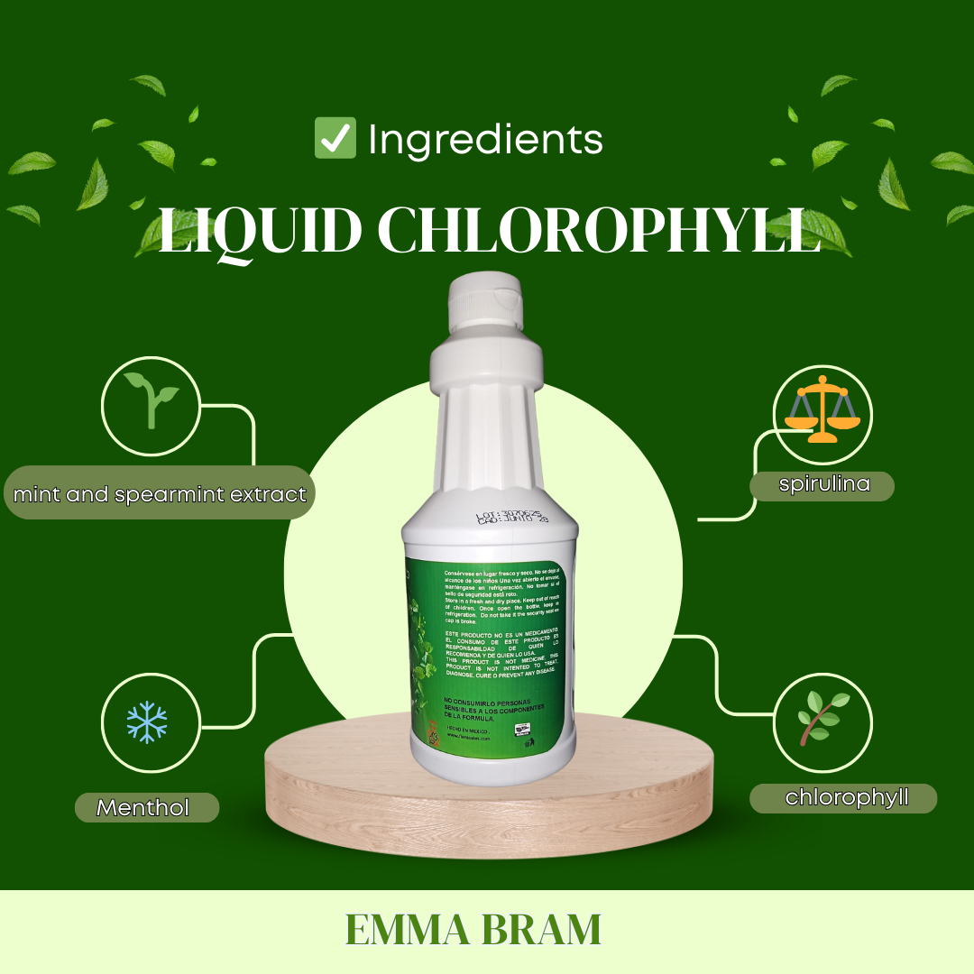 Clorofila Líquida con Extractos de Menta, Spirulina y Hierbabuena Suplemento Natural