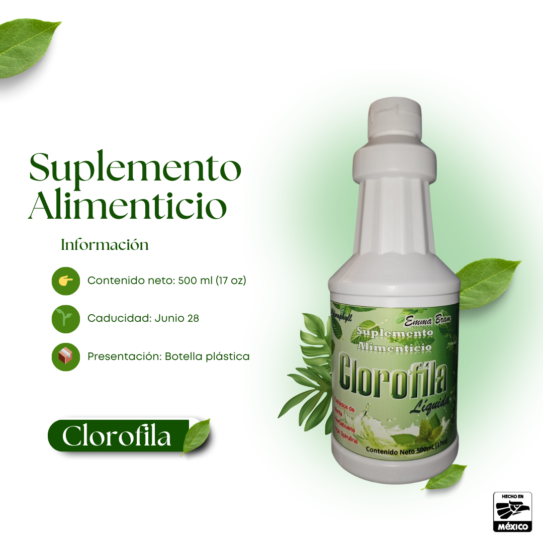 Clorofila Líquida con Extractos de Menta, Spirulina y Hierbabuena Suplemento Natural