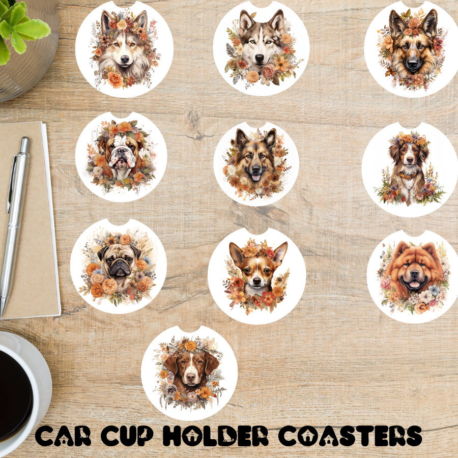 Dog Lover Neoprene Car Coasters – Set of 2 | 9 Dog Breeds Designs Available