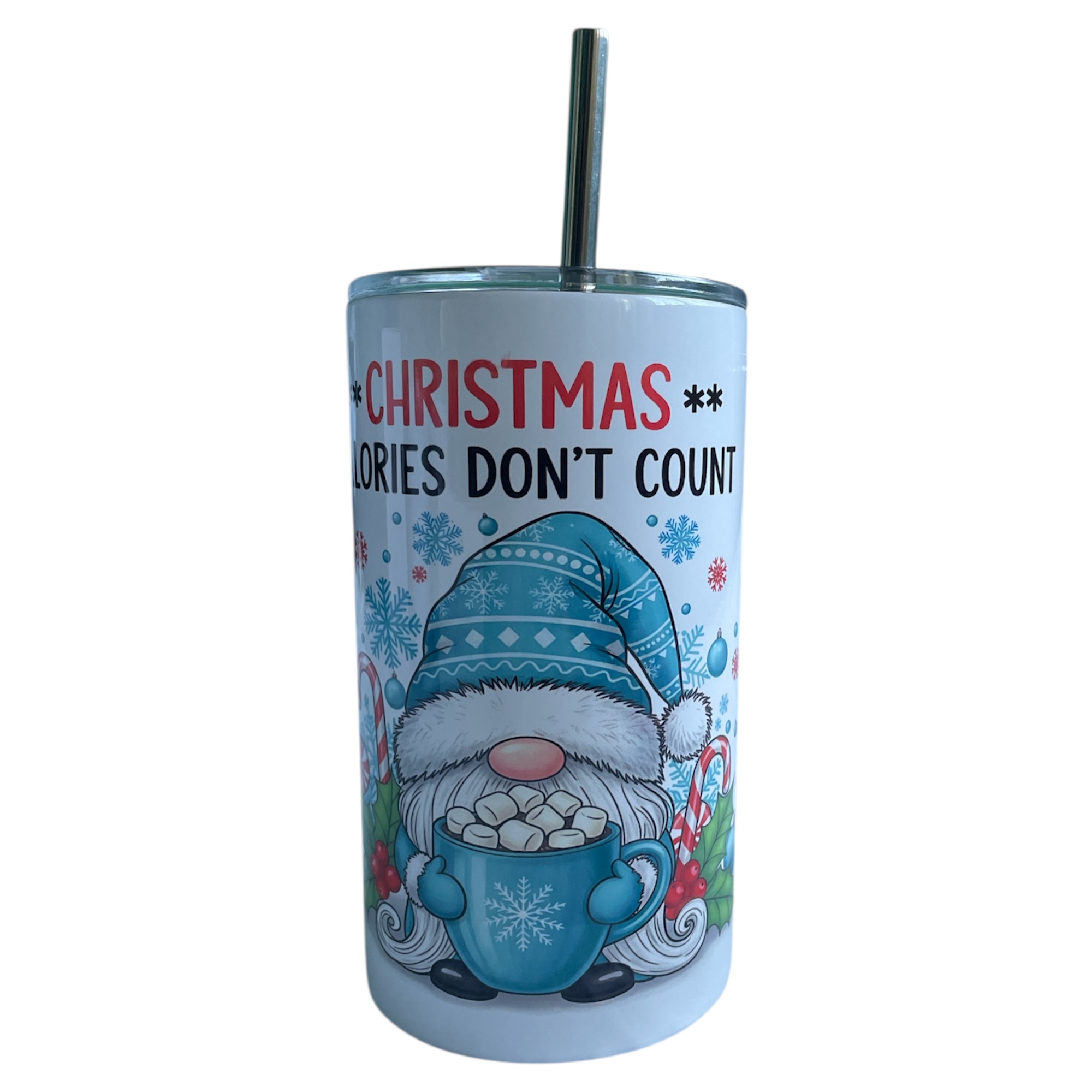 Christmas Gnome Skinny Tumbler 12oz – Stainless Steel Insulated Cup with Lid & Straw – “Christmas Calories Don’t Count” – Holiday Travel Mug for Hot & Cold Drinks – Cute Christmas Gift for Women, Men & Kids