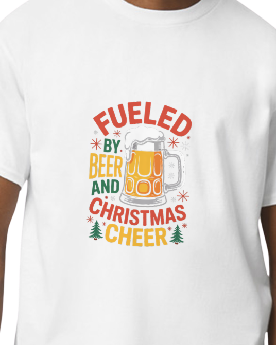 🍻 Fueled by Beer and Christmas Cheer T-Shirt – Funny Holiday Tee for Men & Women
