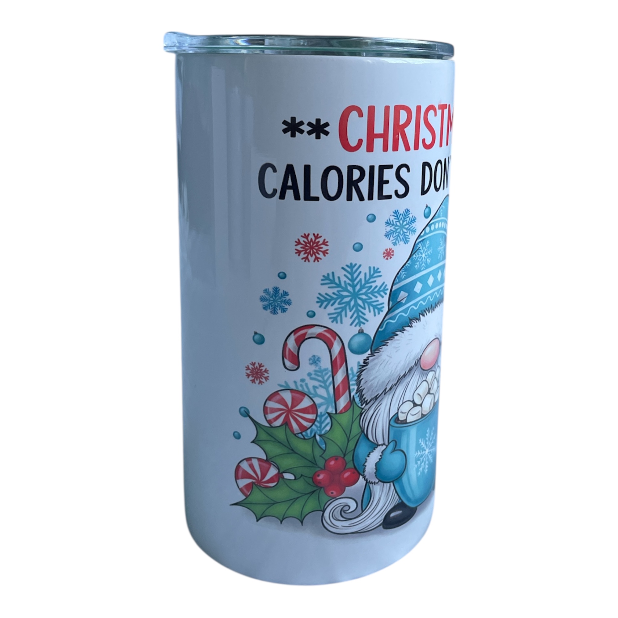 Christmas Gnome Skinny Tumbler 12oz – Stainless Steel Insulated Cup with Lid & Straw – “Christmas Calories Don’t Count” – Holiday Travel Mug for Hot & Cold Drinks – Cute Christmas Gift for Women, Men & Kids